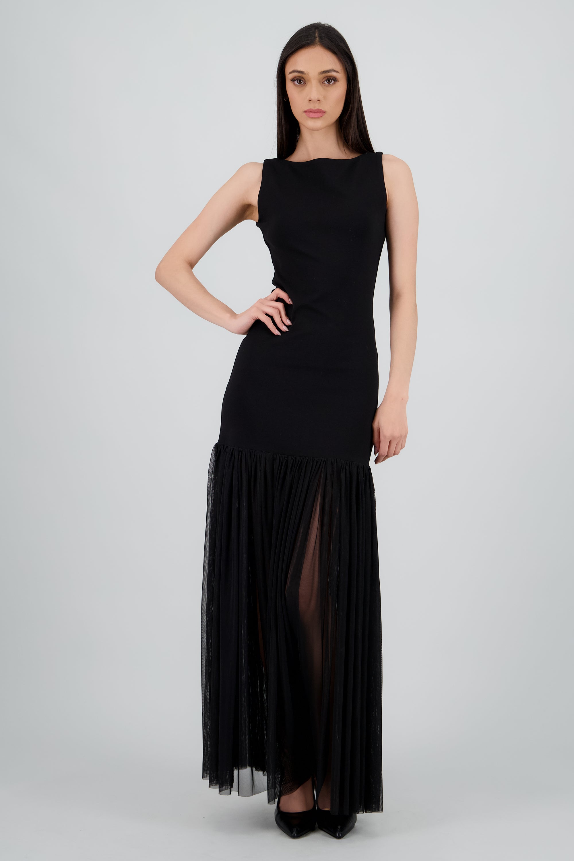 Vestido maxi drop waist falda mesh NEGRO