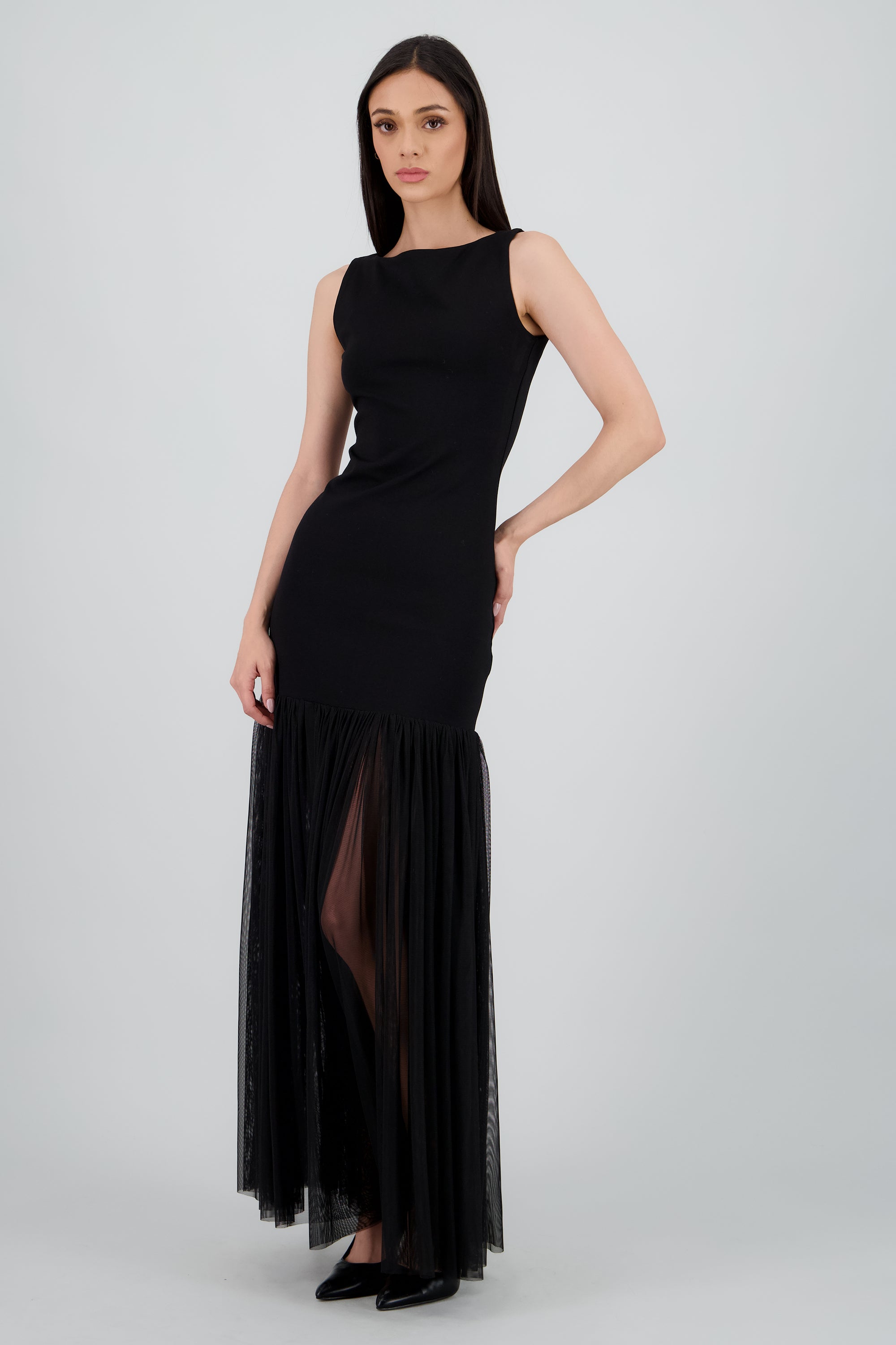 Vestido maxi drop waist falda mesh NEGRO