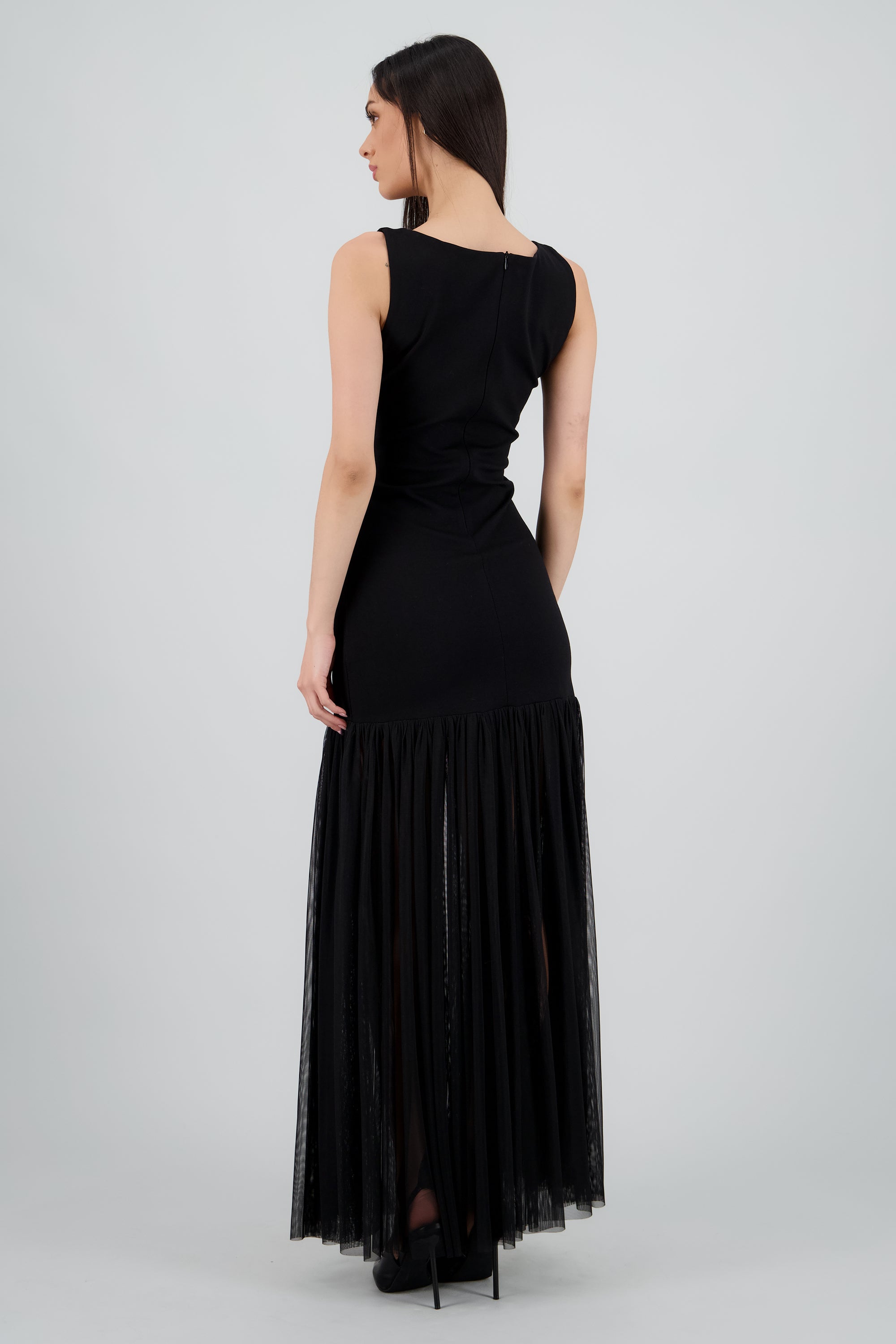 Vestido maxi drop waist falda mesh NEGRO
