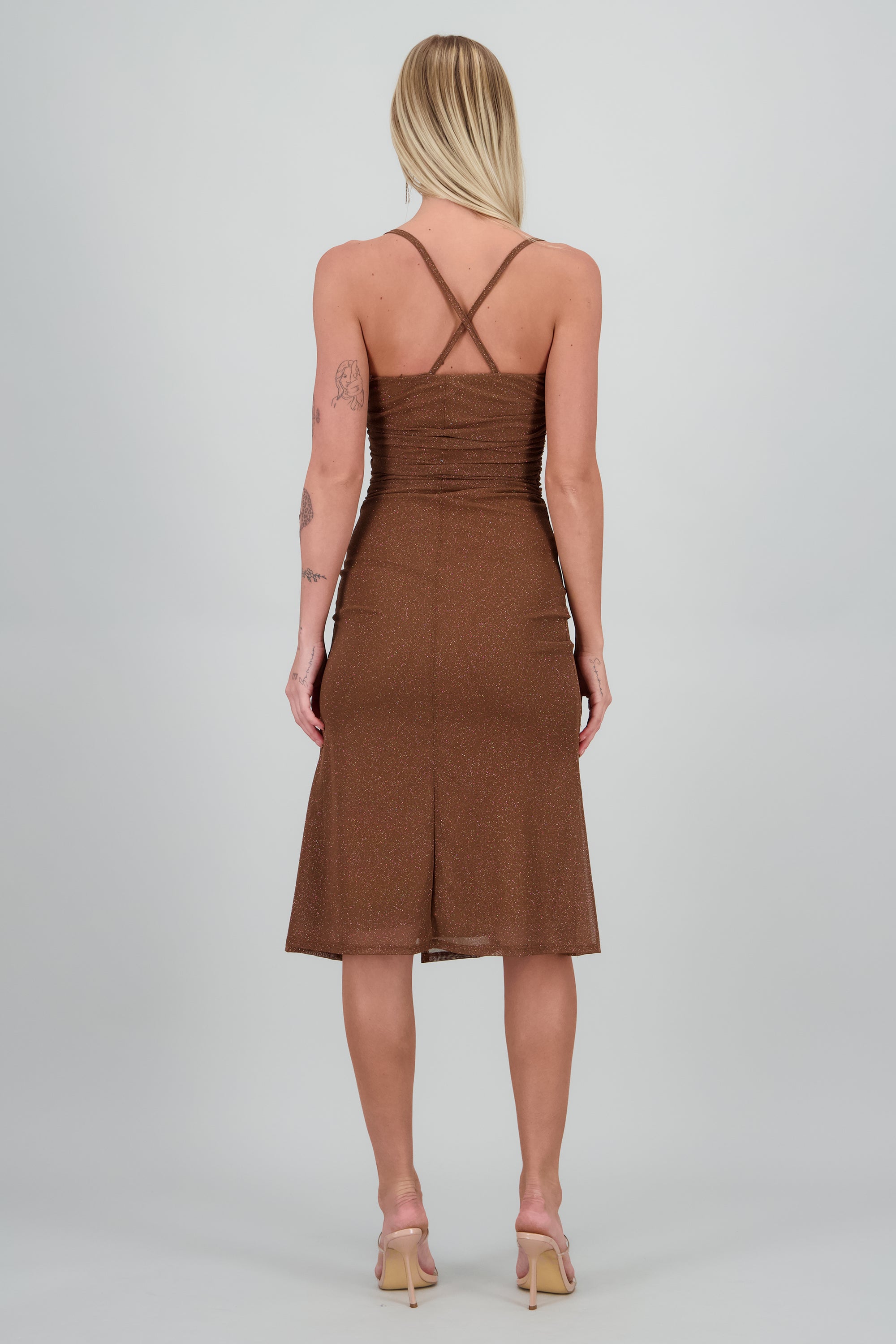 Vestido tirantes drapeado mesh CAFE