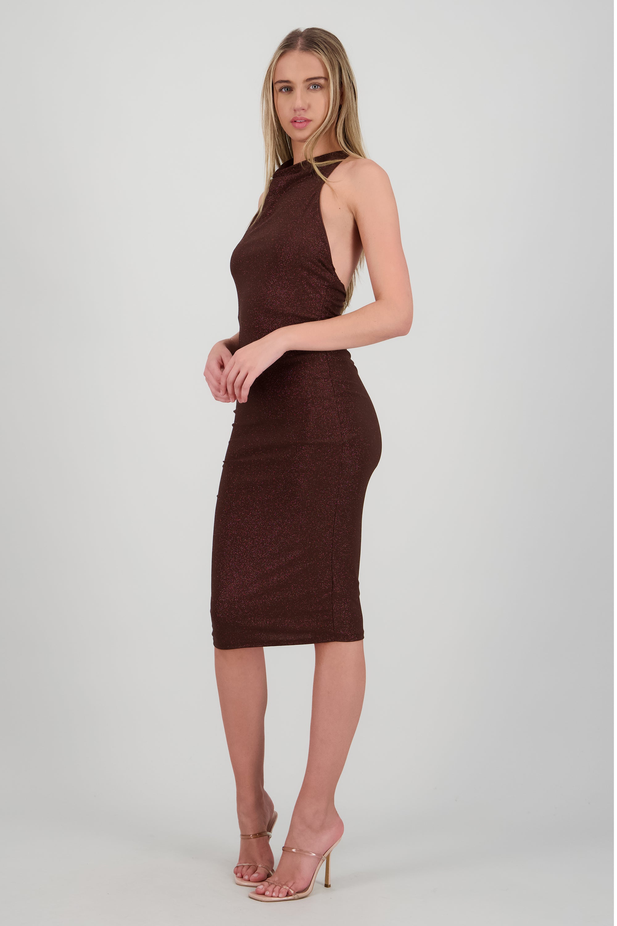 Vestido midi halter brillos CHOCOLATE