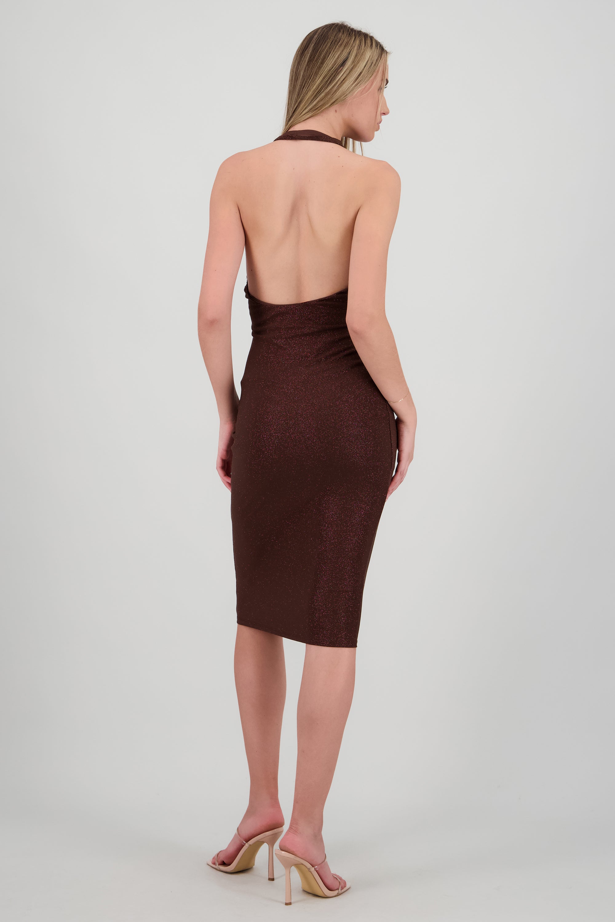Vestido midi halter brillos CHOCOLATE