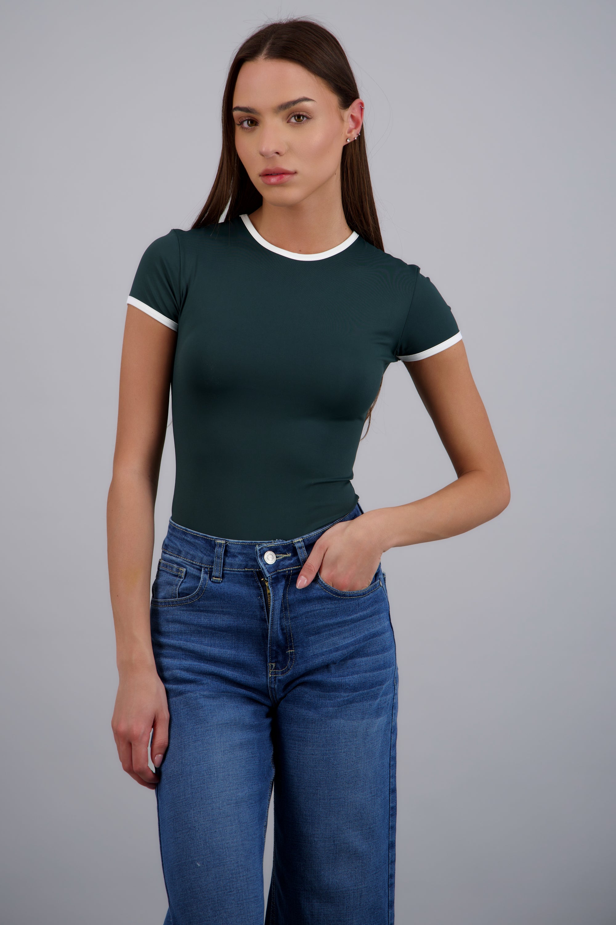 Body escote redondo contraste VERDE COMBO
