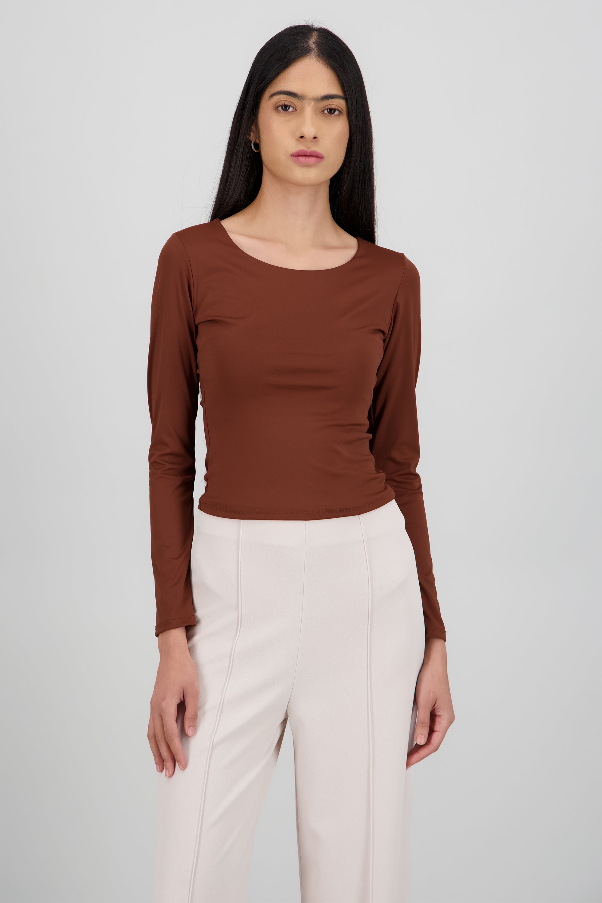 Top escote redondo manga larga CHOCOLATE