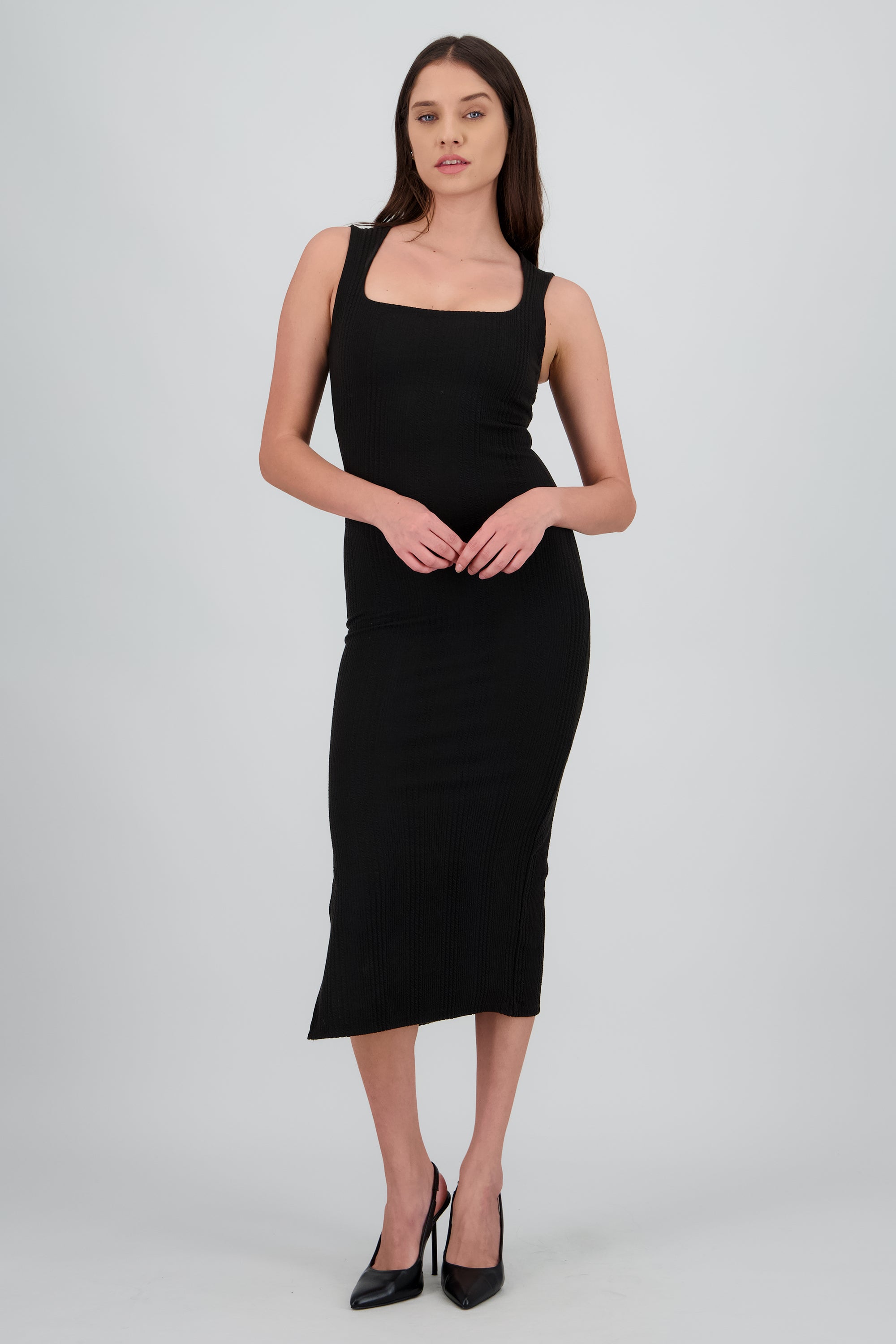 Vestido bodycon textura sin manga NEGRO