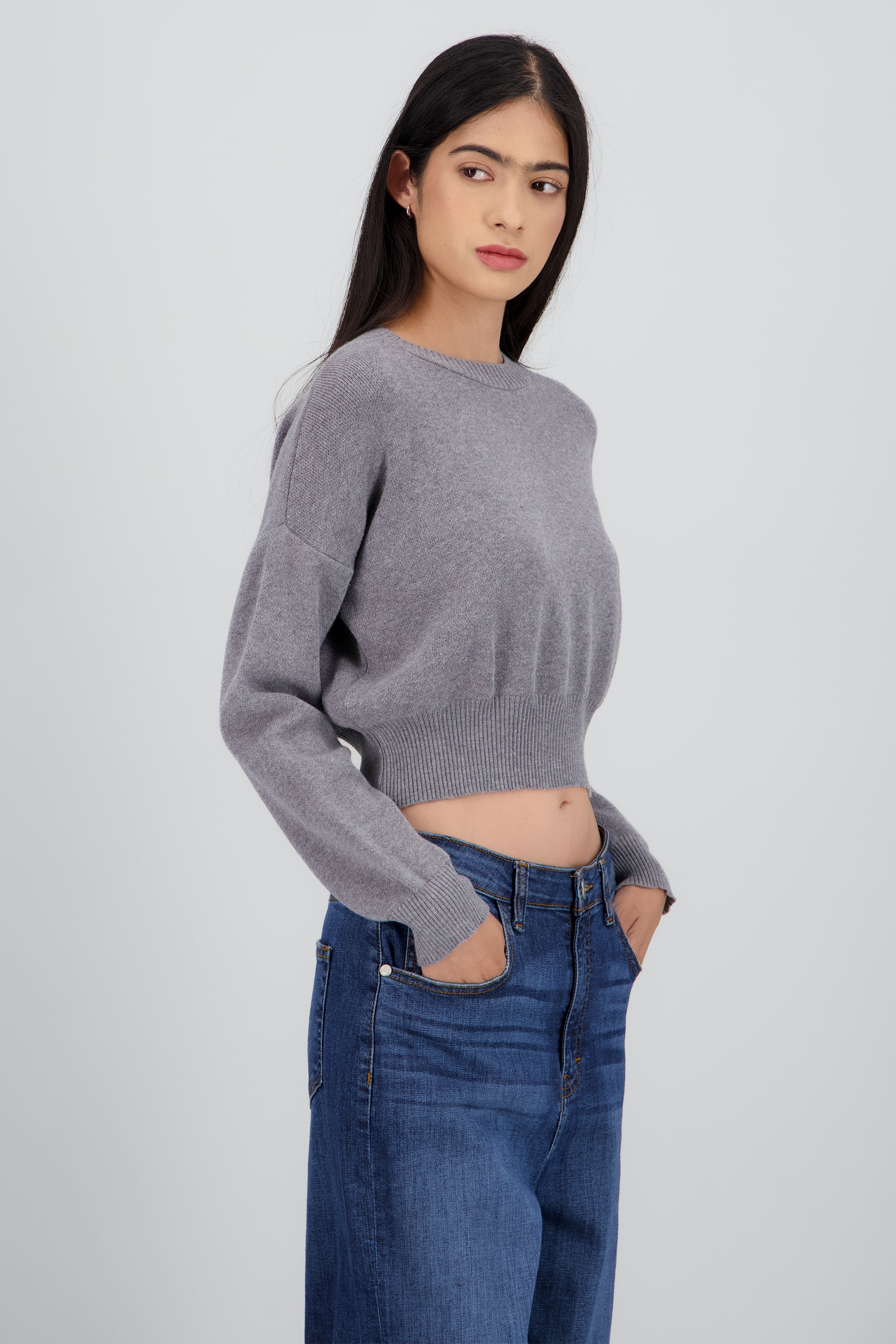 Sueter cuello redondo crop GRIS