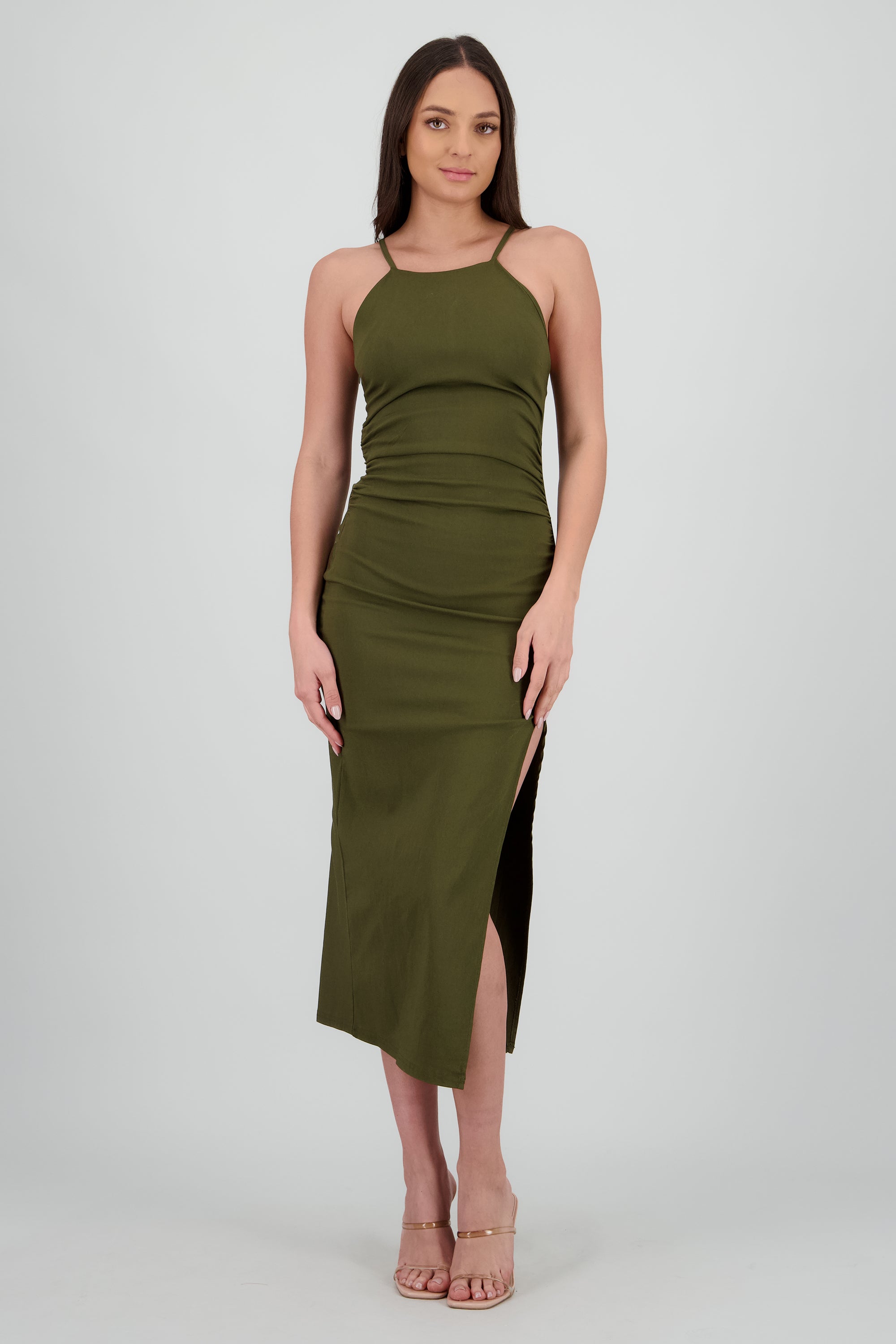 Vestido midi tirantes detalle drapeado OLIVO