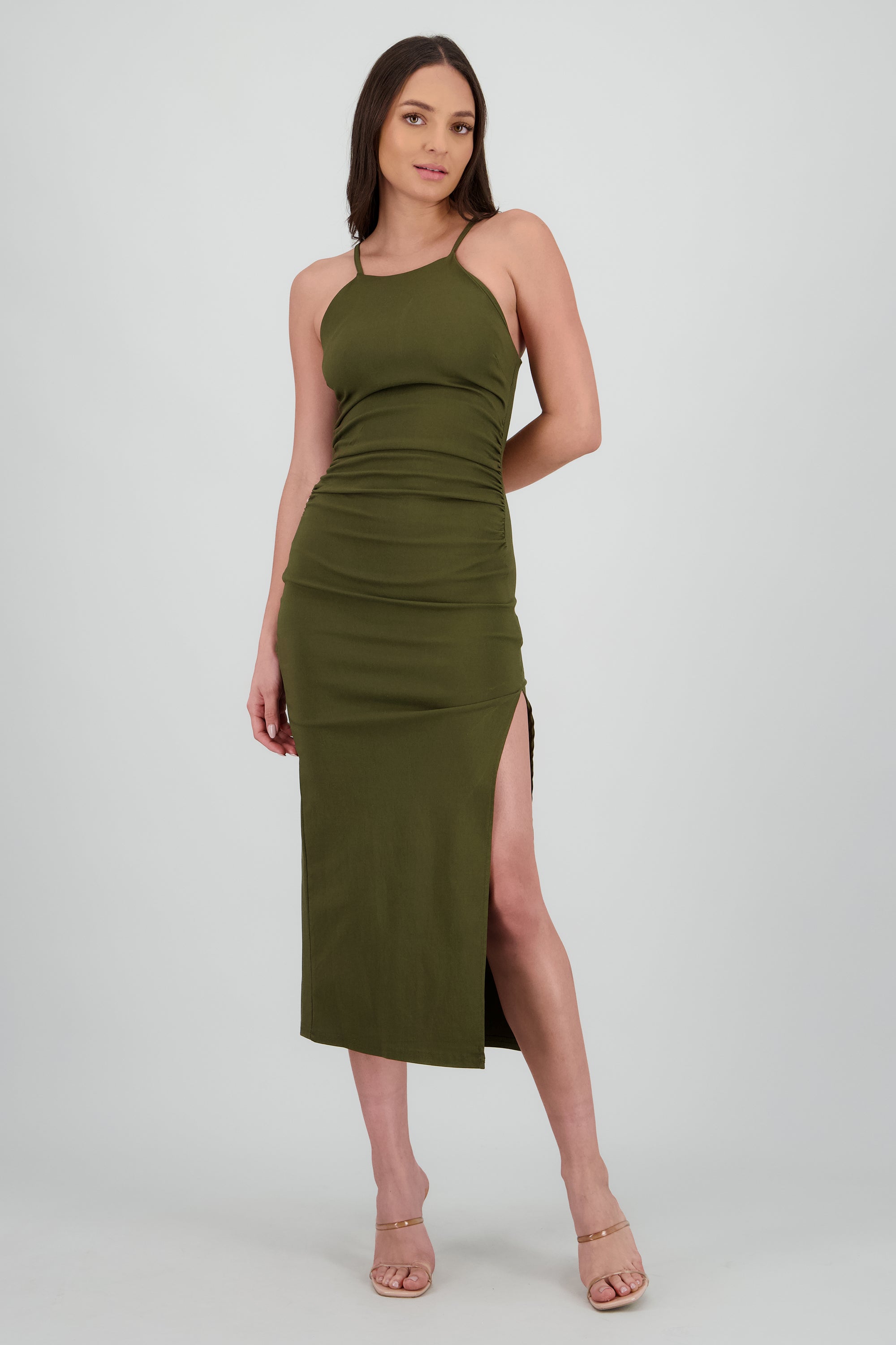 Vestido midi tirantes detalle drapeado OLIVO