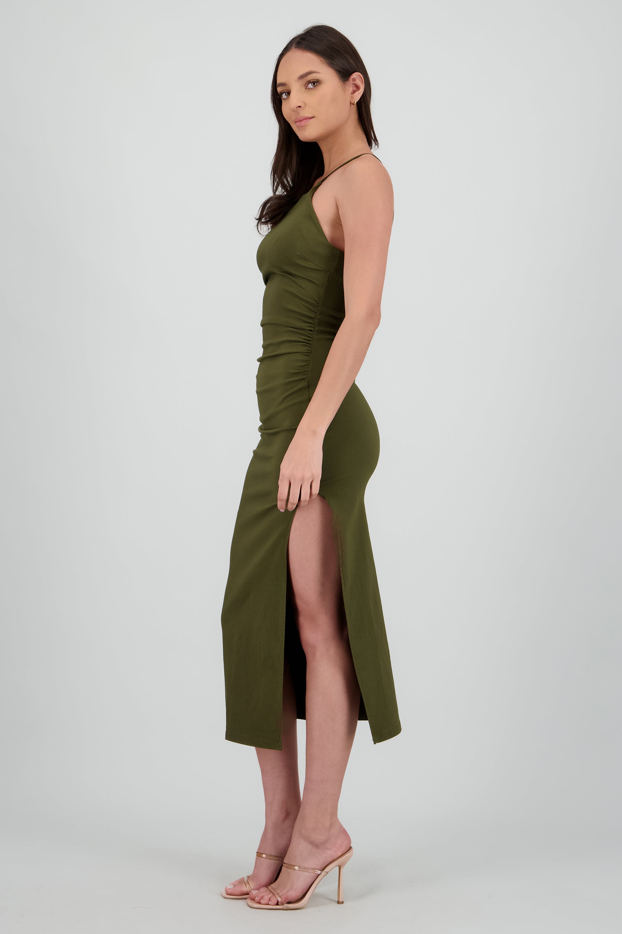 Vestido midi tirantes detalle drapeado OLIVO