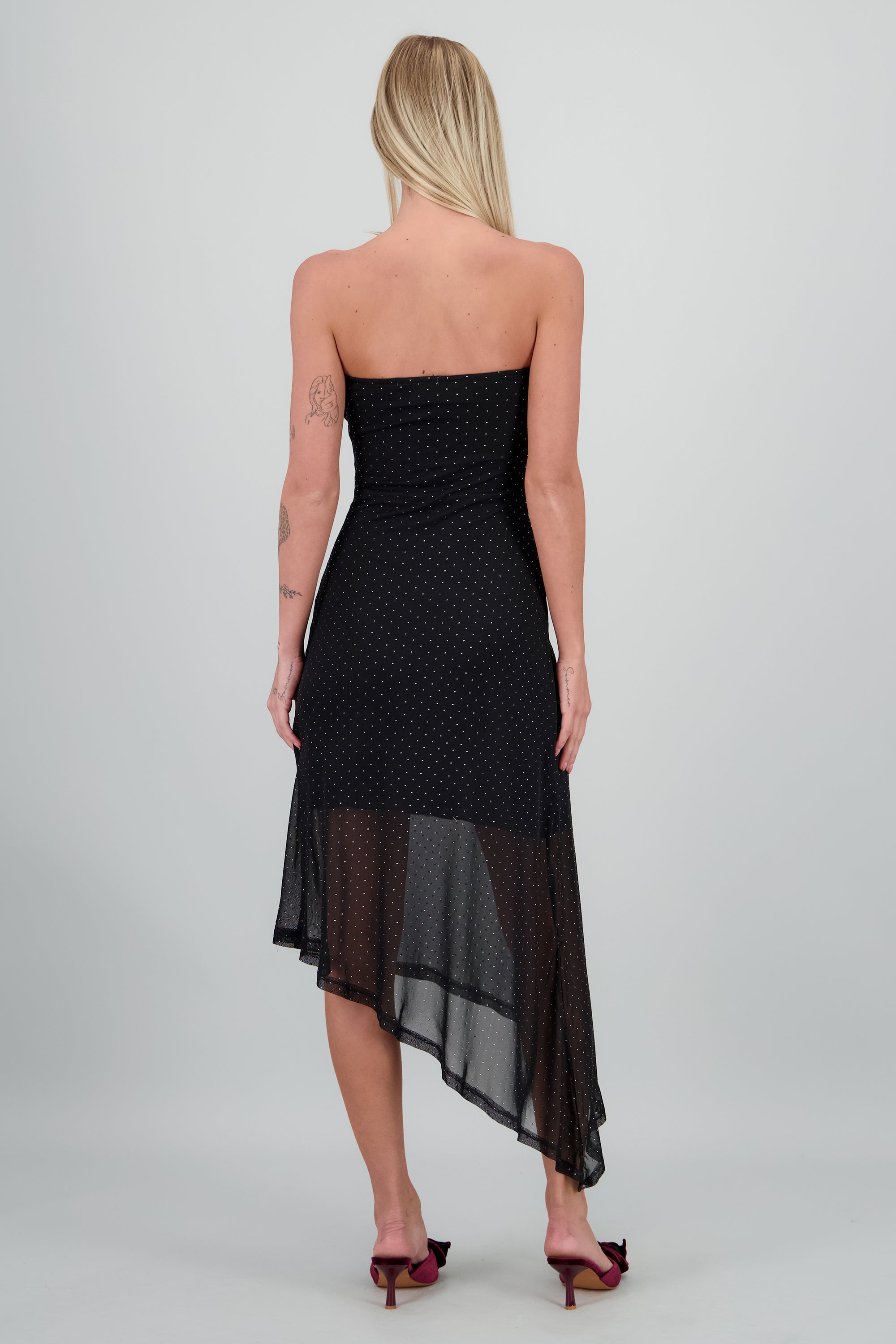 Vestido brillos strapless asimetrico NEGRO