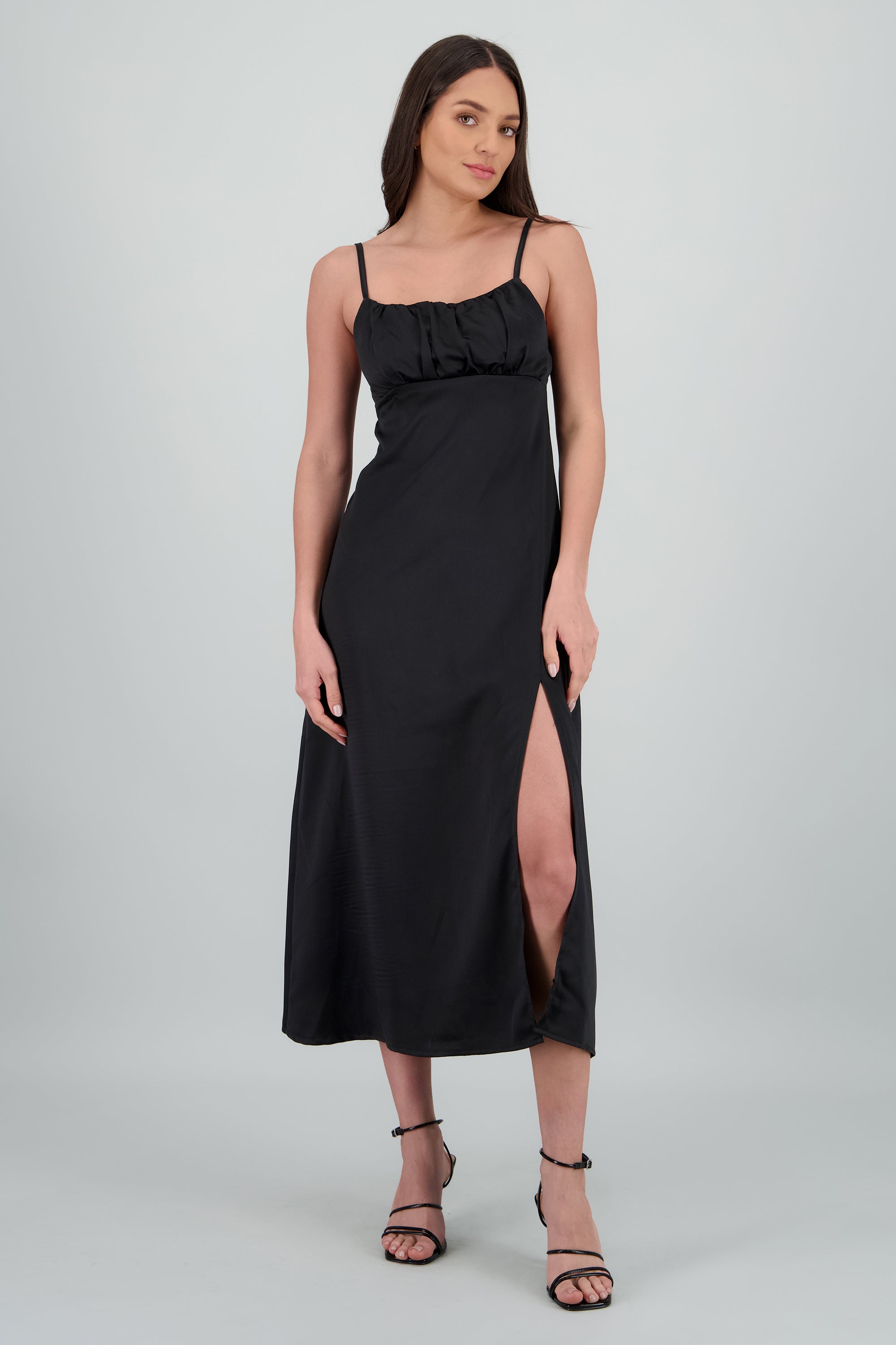 Vestido tirantes escote drapeado NEGRO