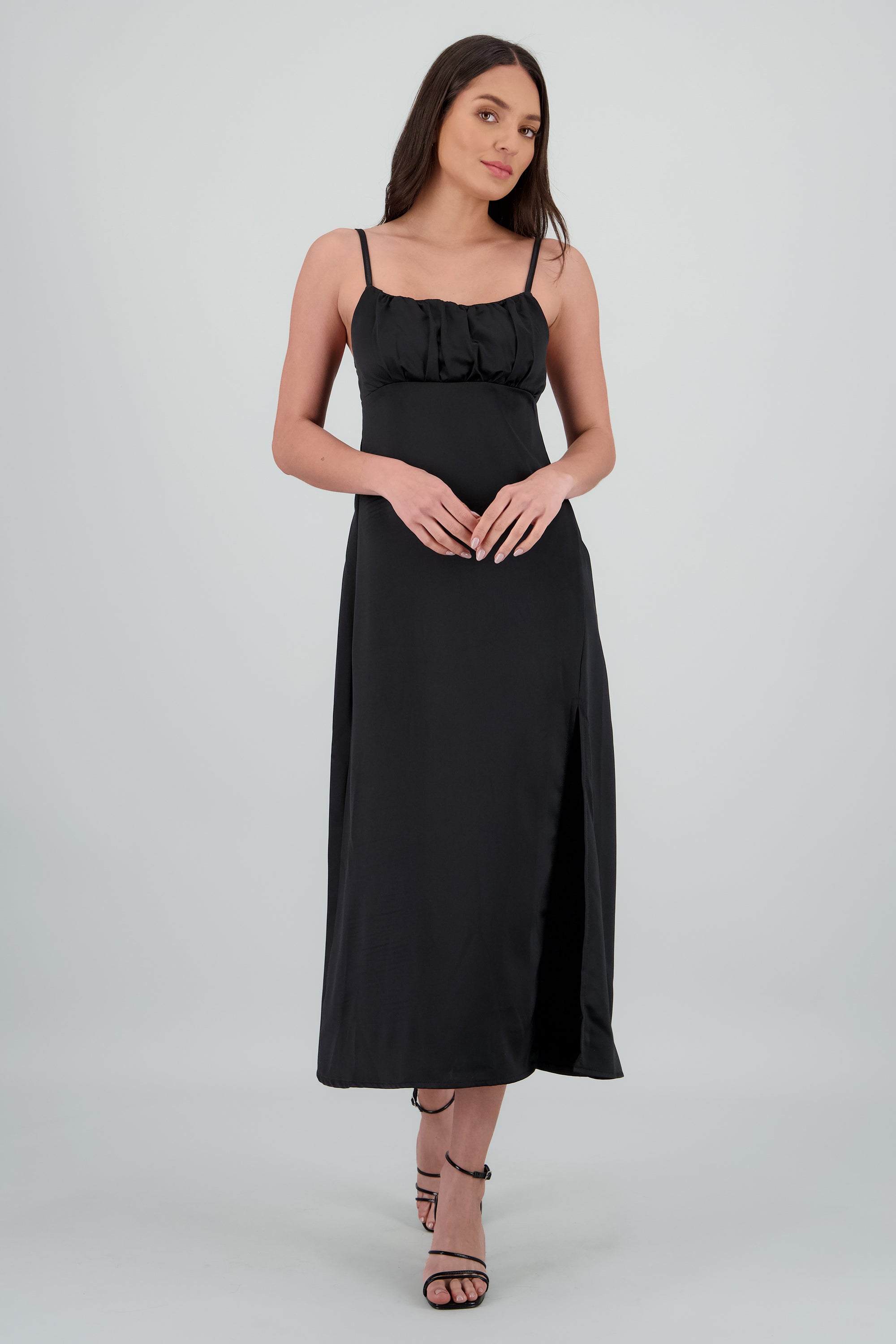 Vestido tirantes escote drapeado NEGRO
