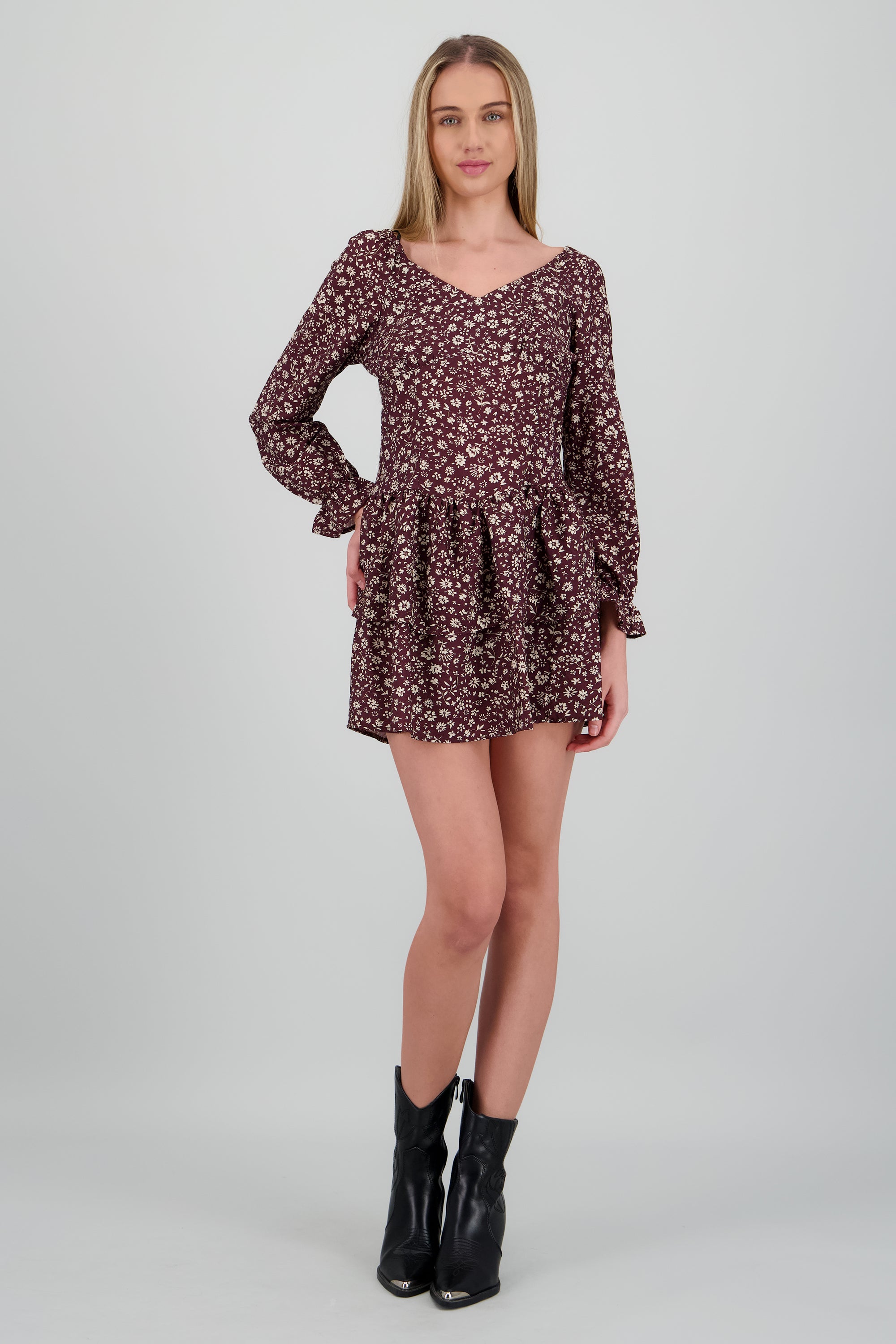 Vestido mini flores manga larga CAFE COMBO