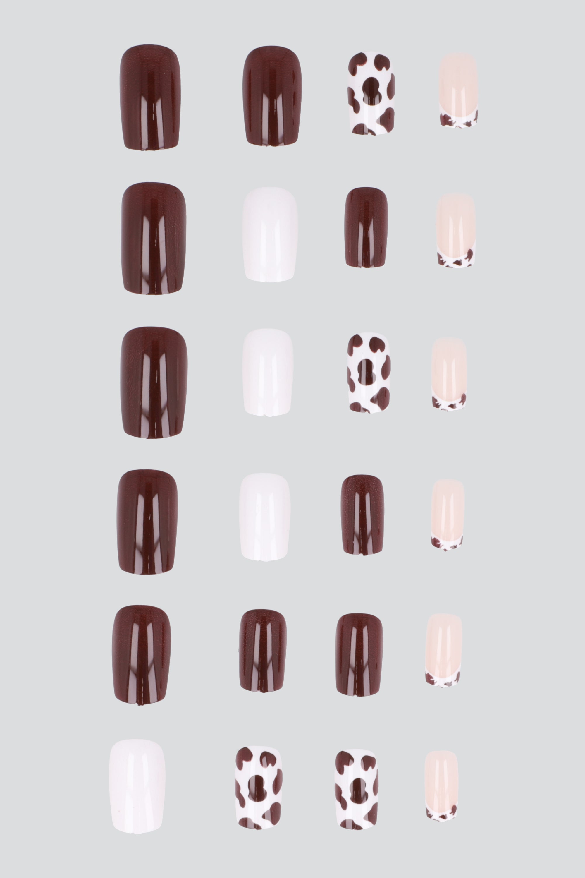 Set 24 uñas vaca mani frances mix CAFE