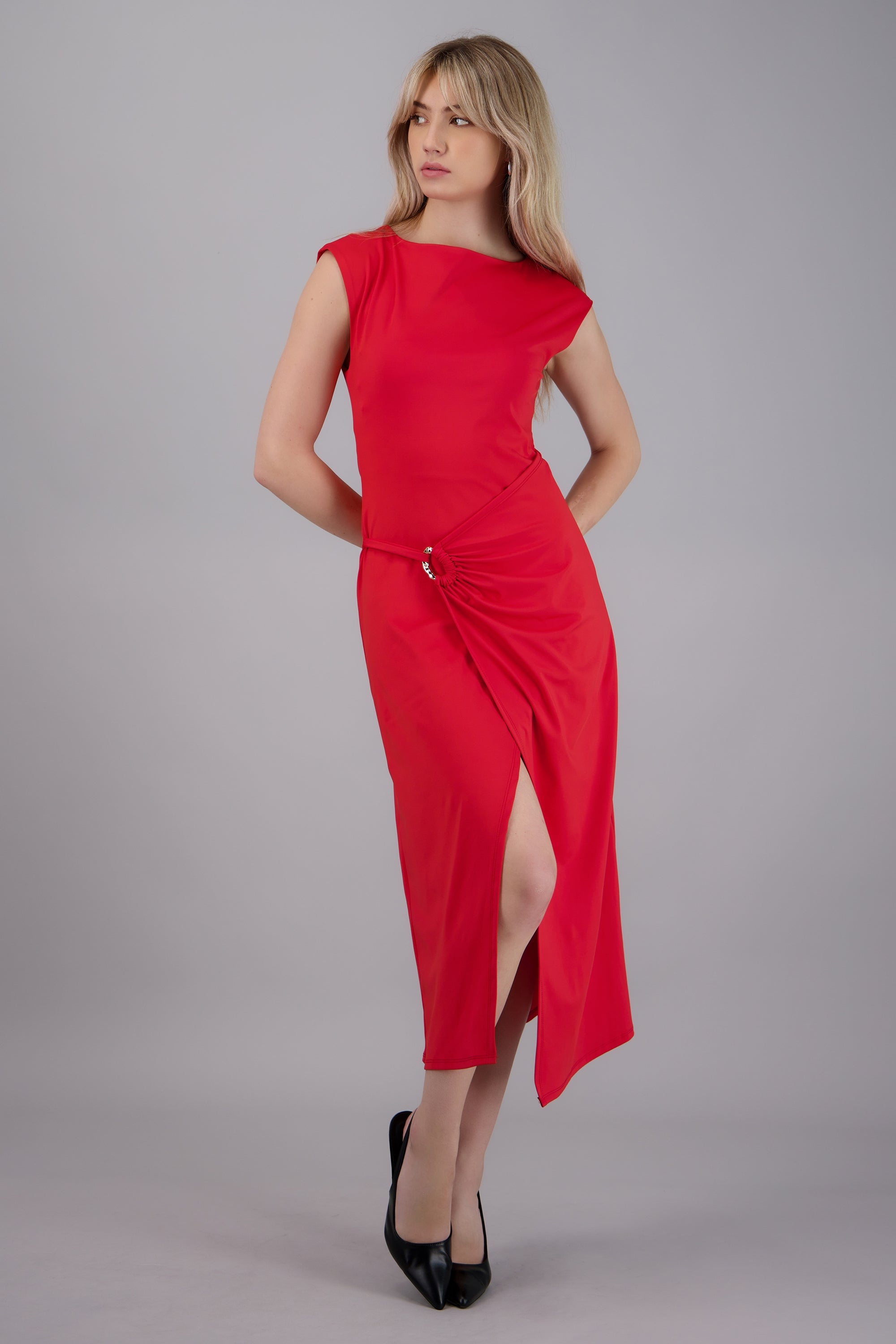 Vestido drapeado detalle aro ROJO