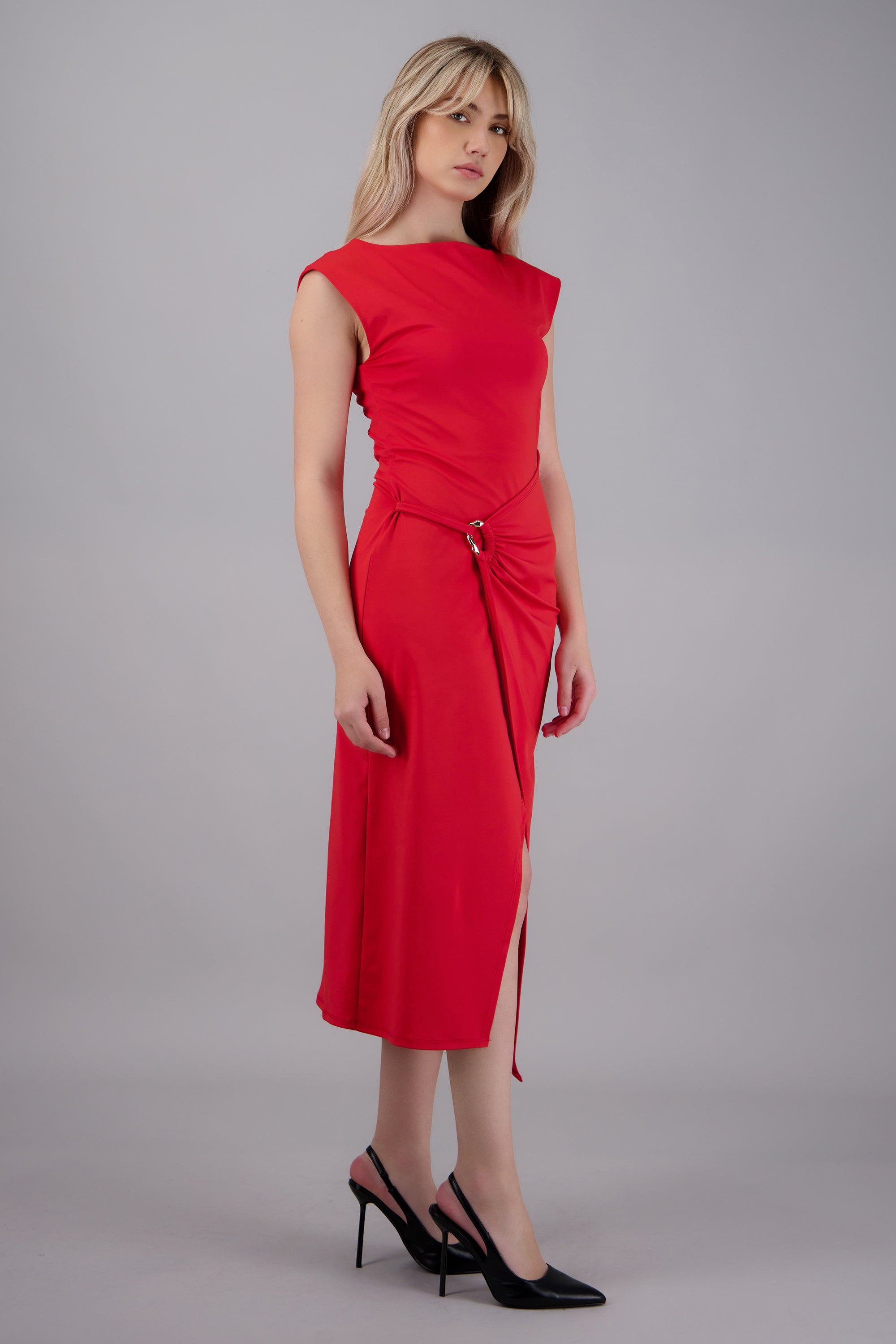 Vestido drapeado detalle aro ROJO