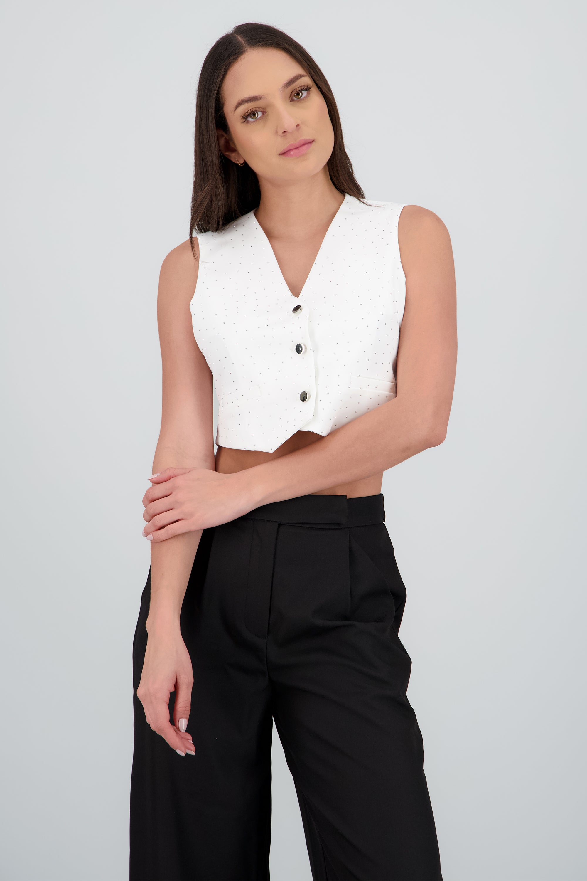 Chaleco corto escote v con brillos BLANCO COMBO