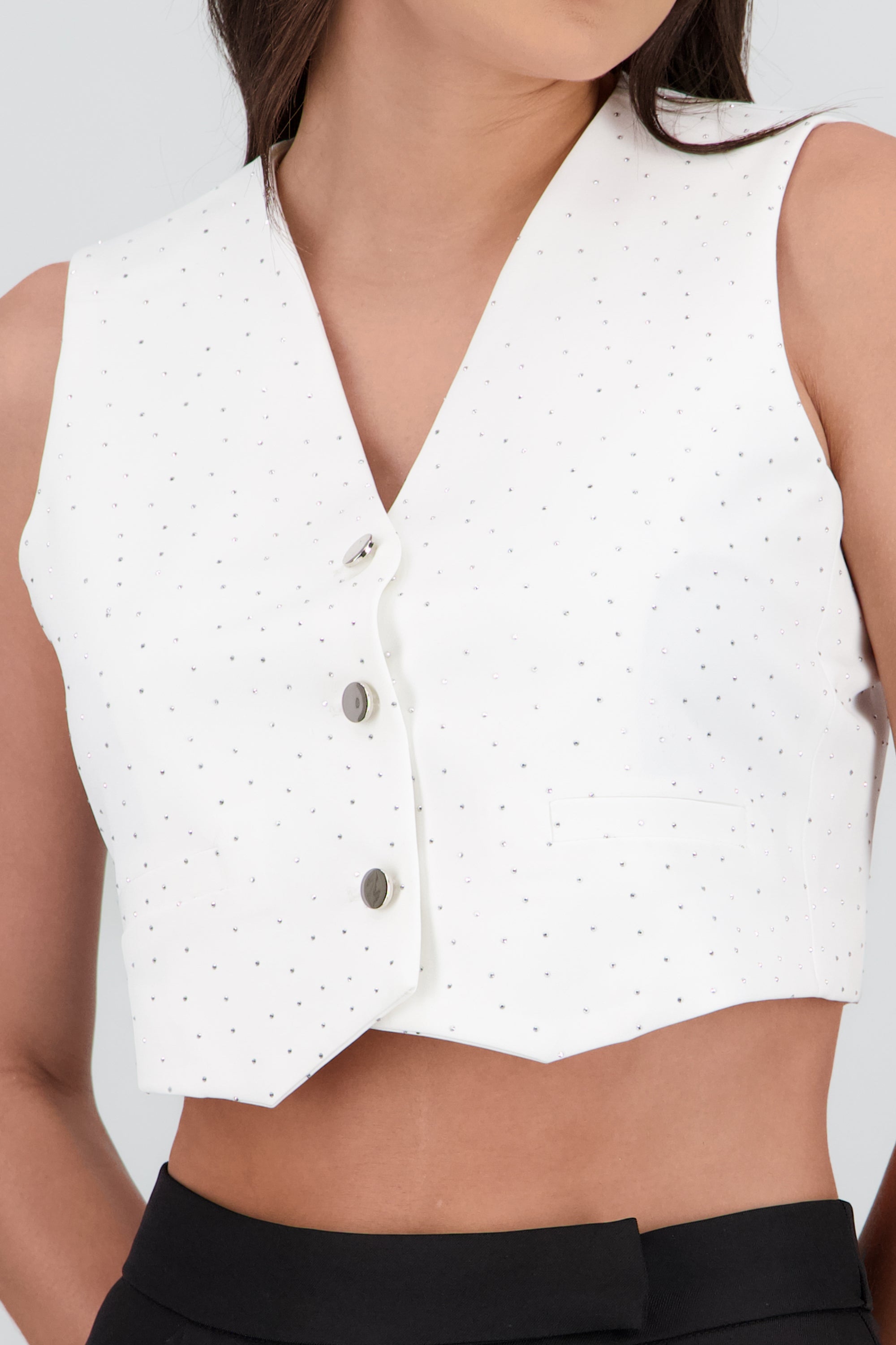 Chaleco corto escote v con brillos BLANCO COMBO