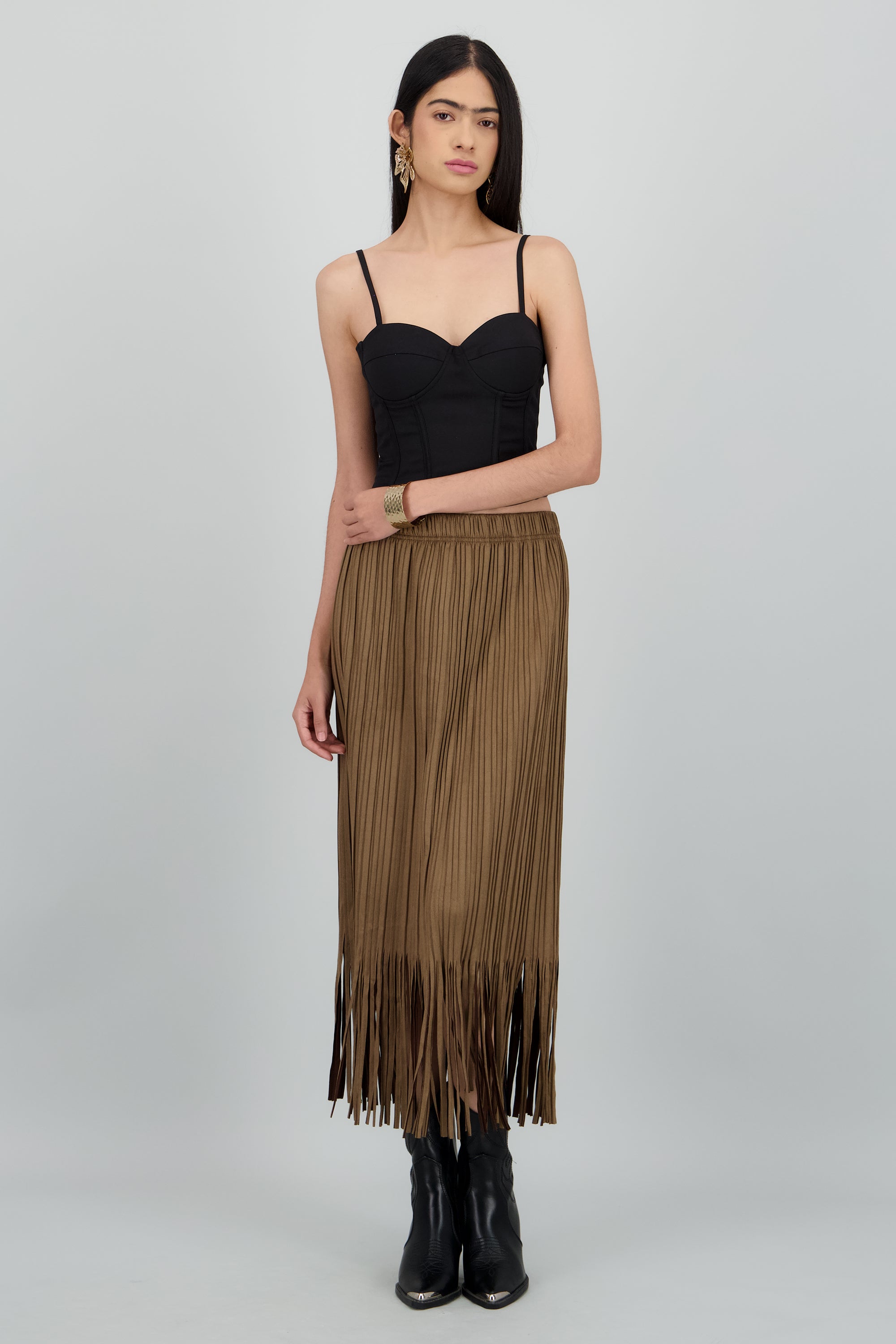 Falda midi suede flecos CAMELLO