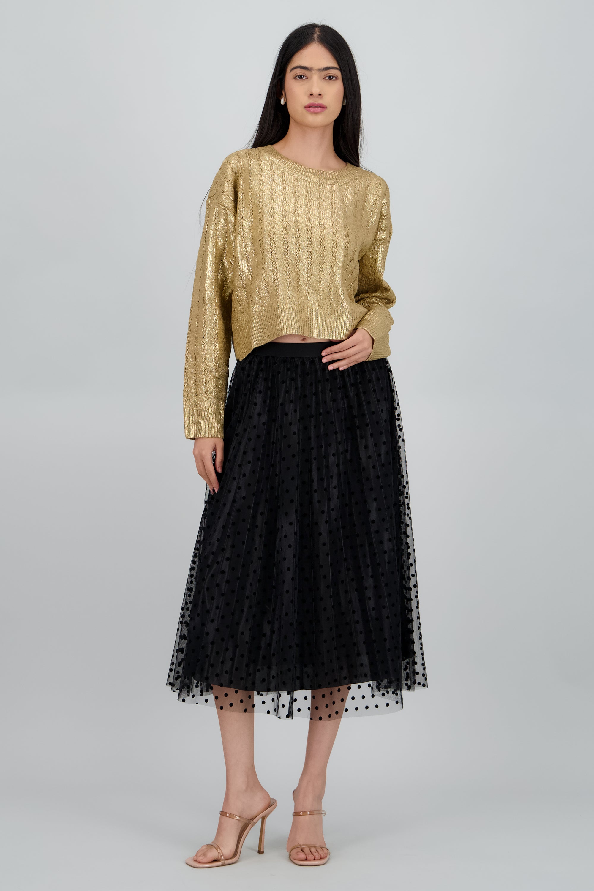 Falda midi mesh polkas NEGRO