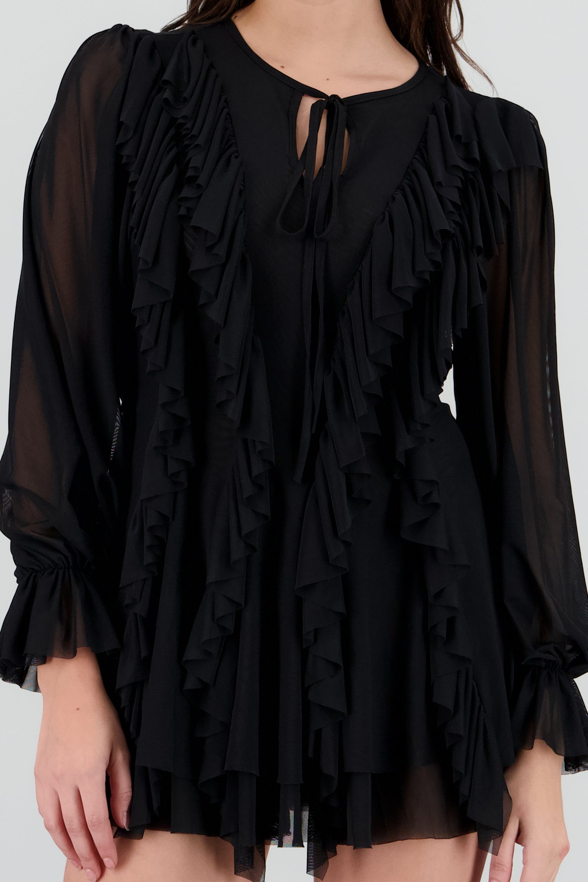Vestido de manga larga boho con multiples olanes NEGRO