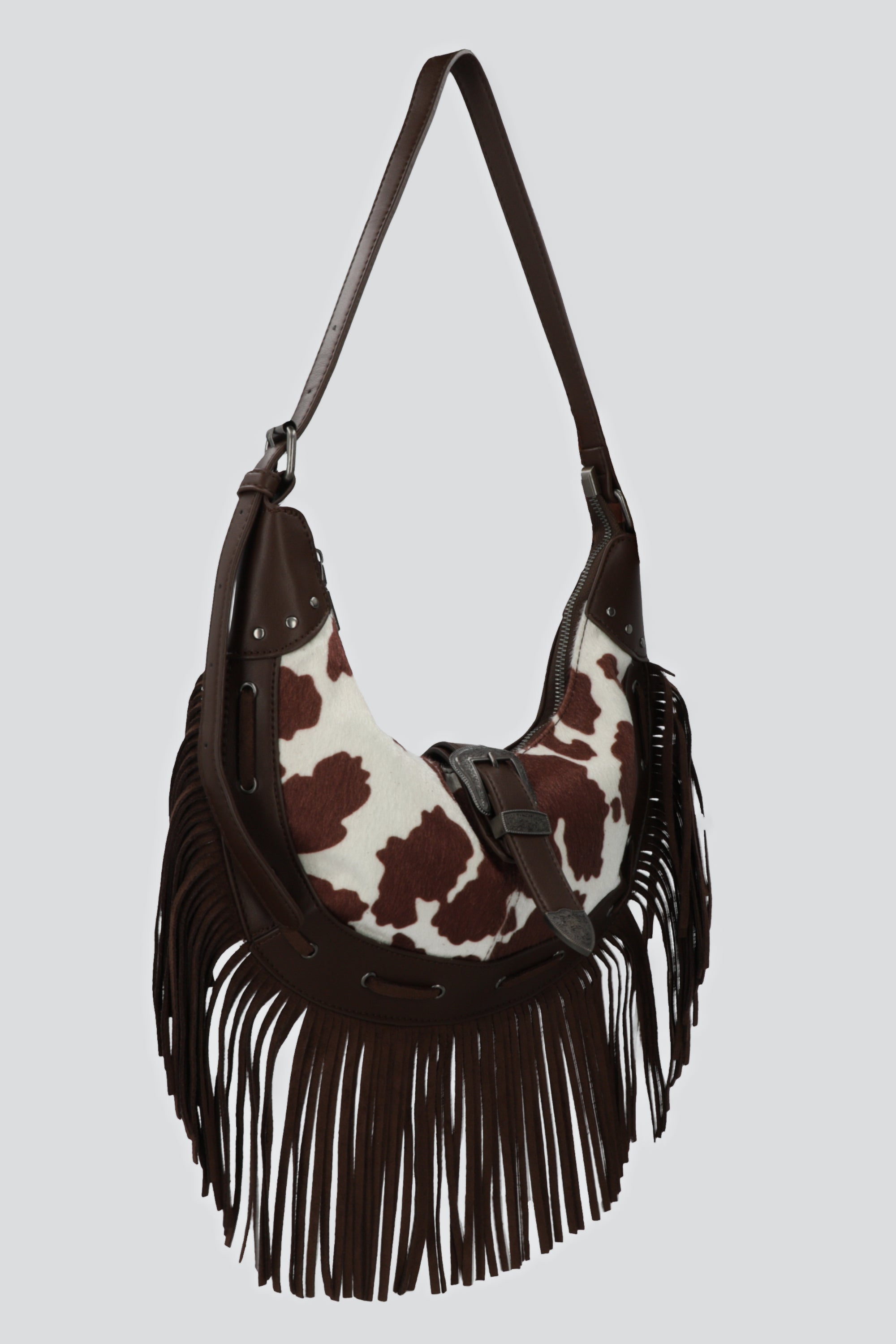 Bolsa baguette contraste vaca flecos CAFE