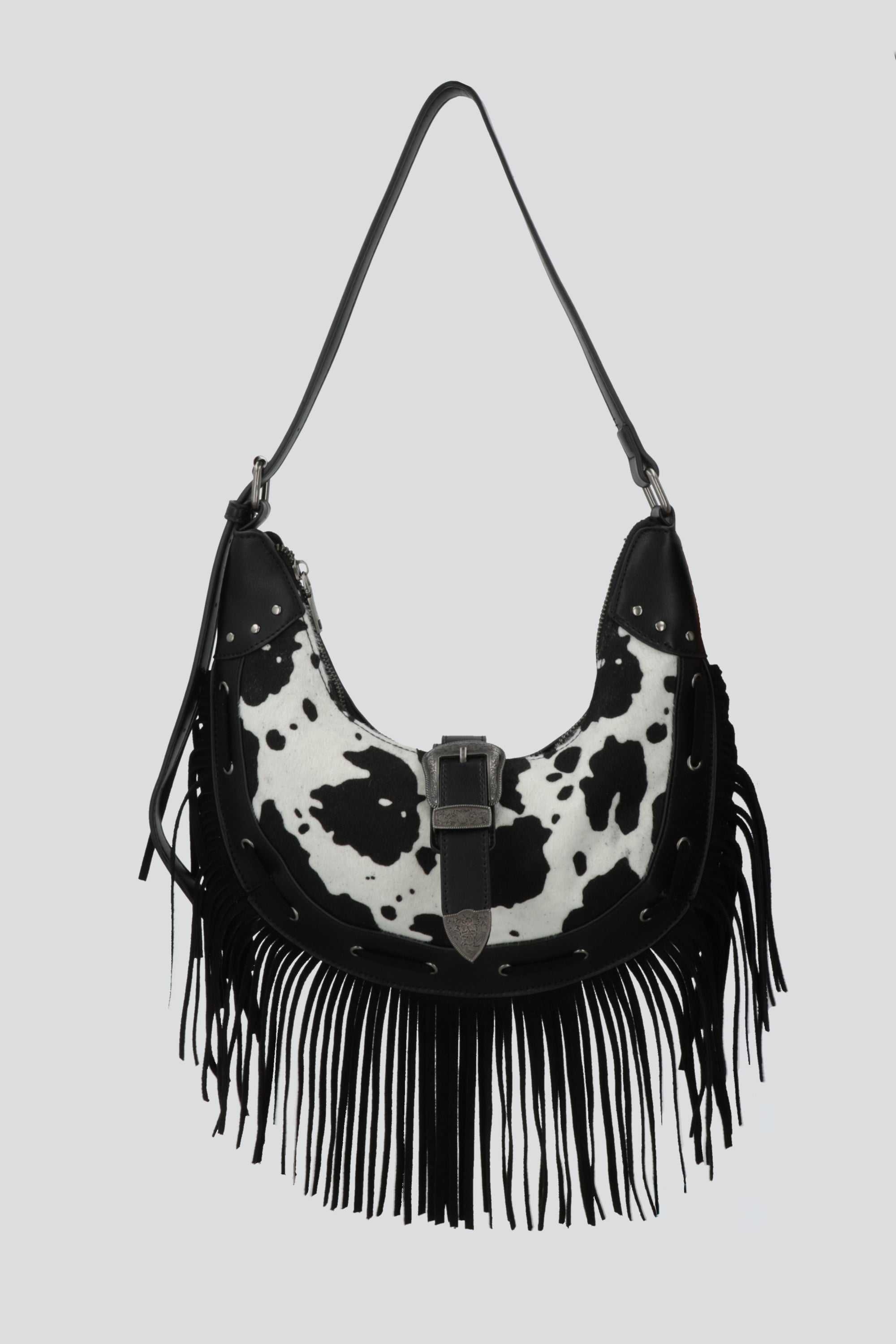 Bolsa baguette contraste vaca flecos NEGRO