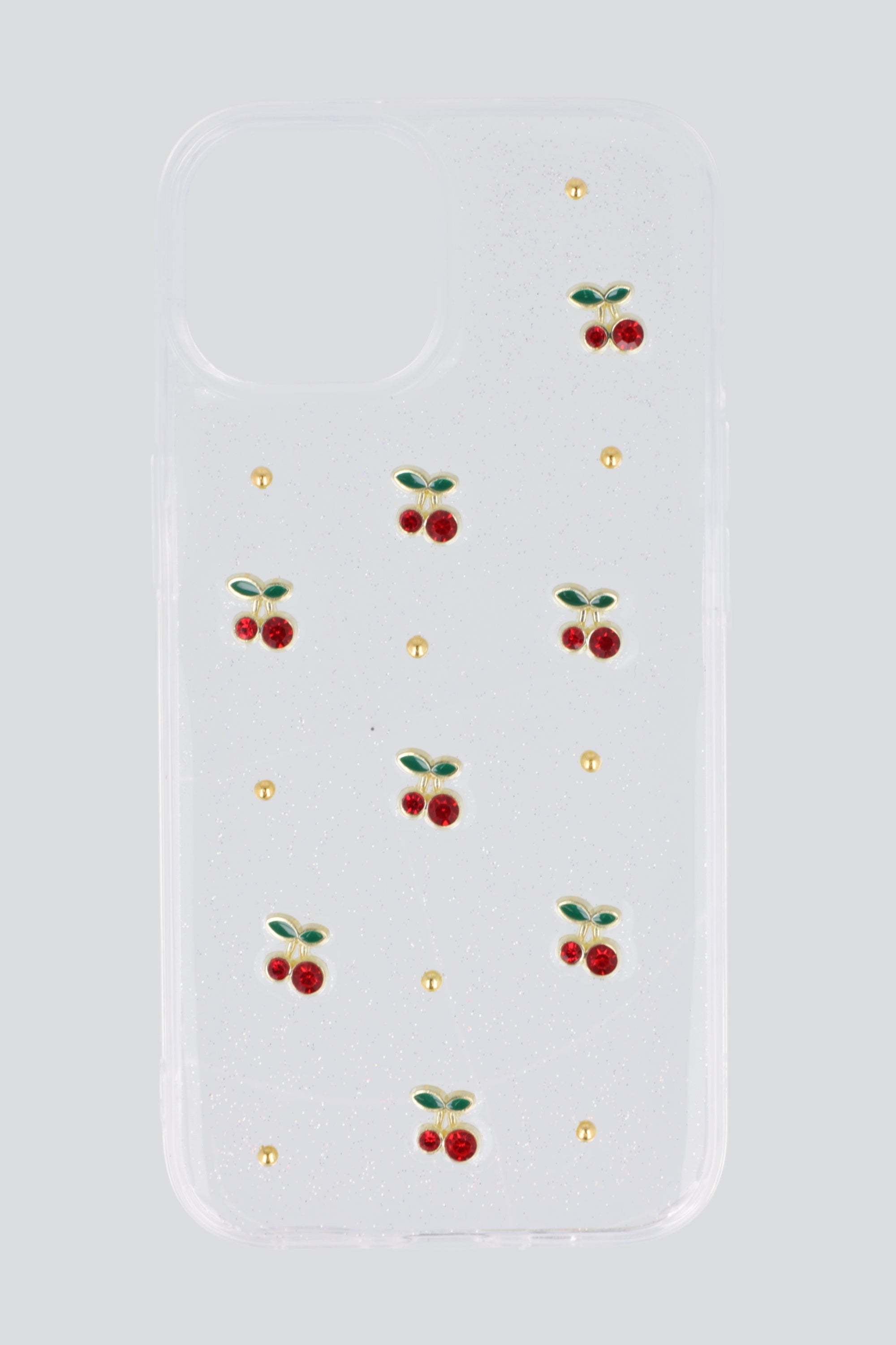 Funda iph 15 cerezas incrustadas TRANSPARENTE