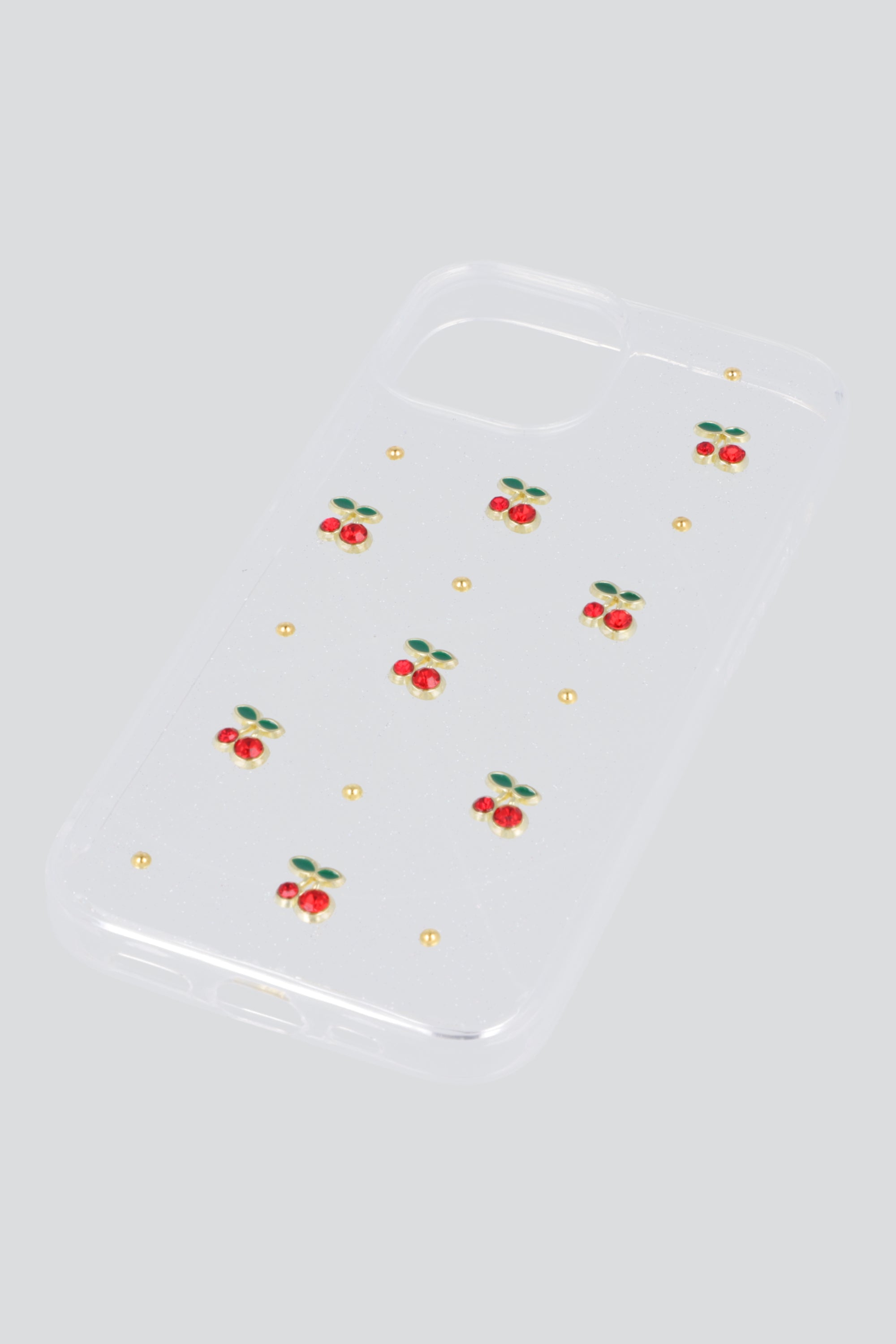 Funda iph 15 cerezas incrustadas TRANSPARENTE
