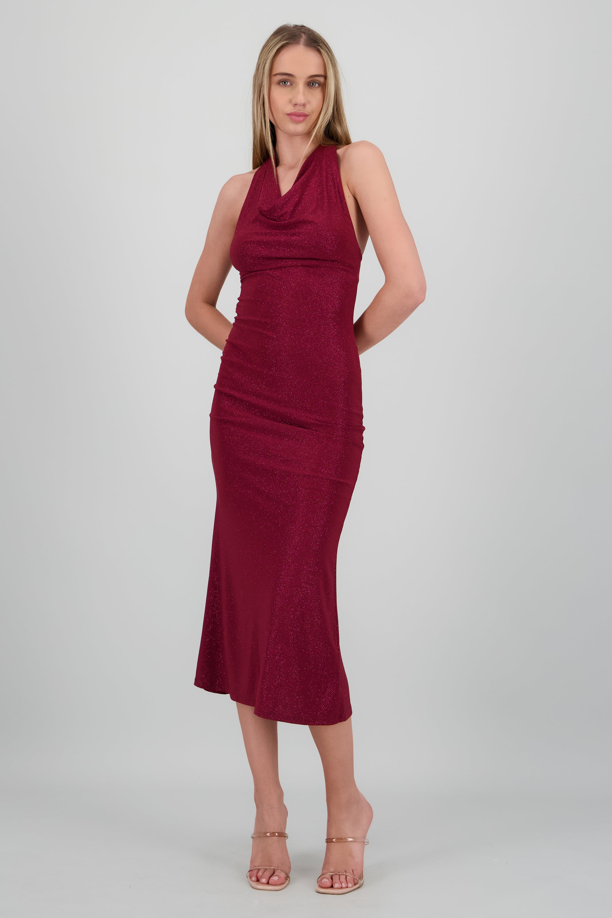 Vestido de brillos maxi halter VINO