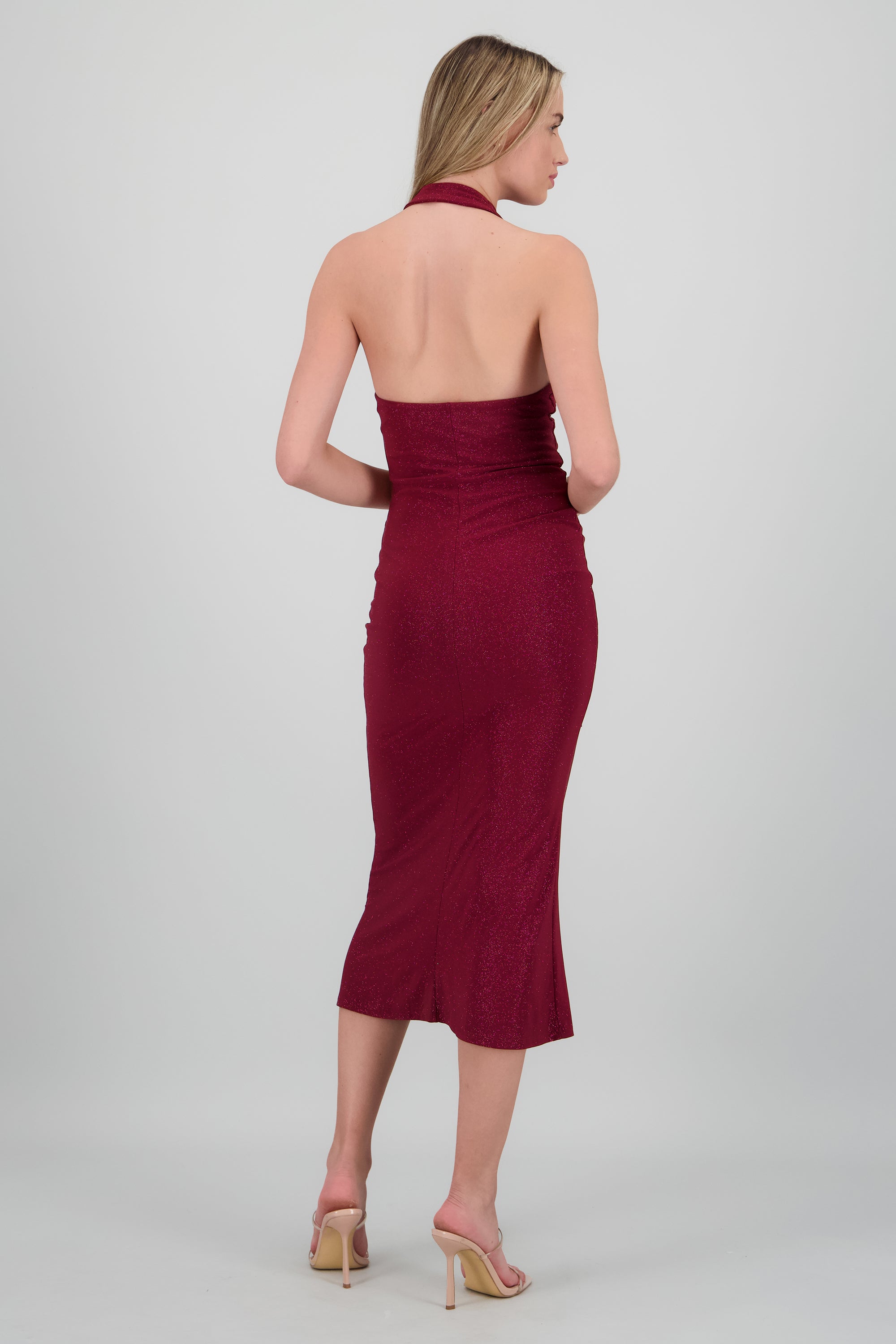 Vestido de brillos maxi halter VINO