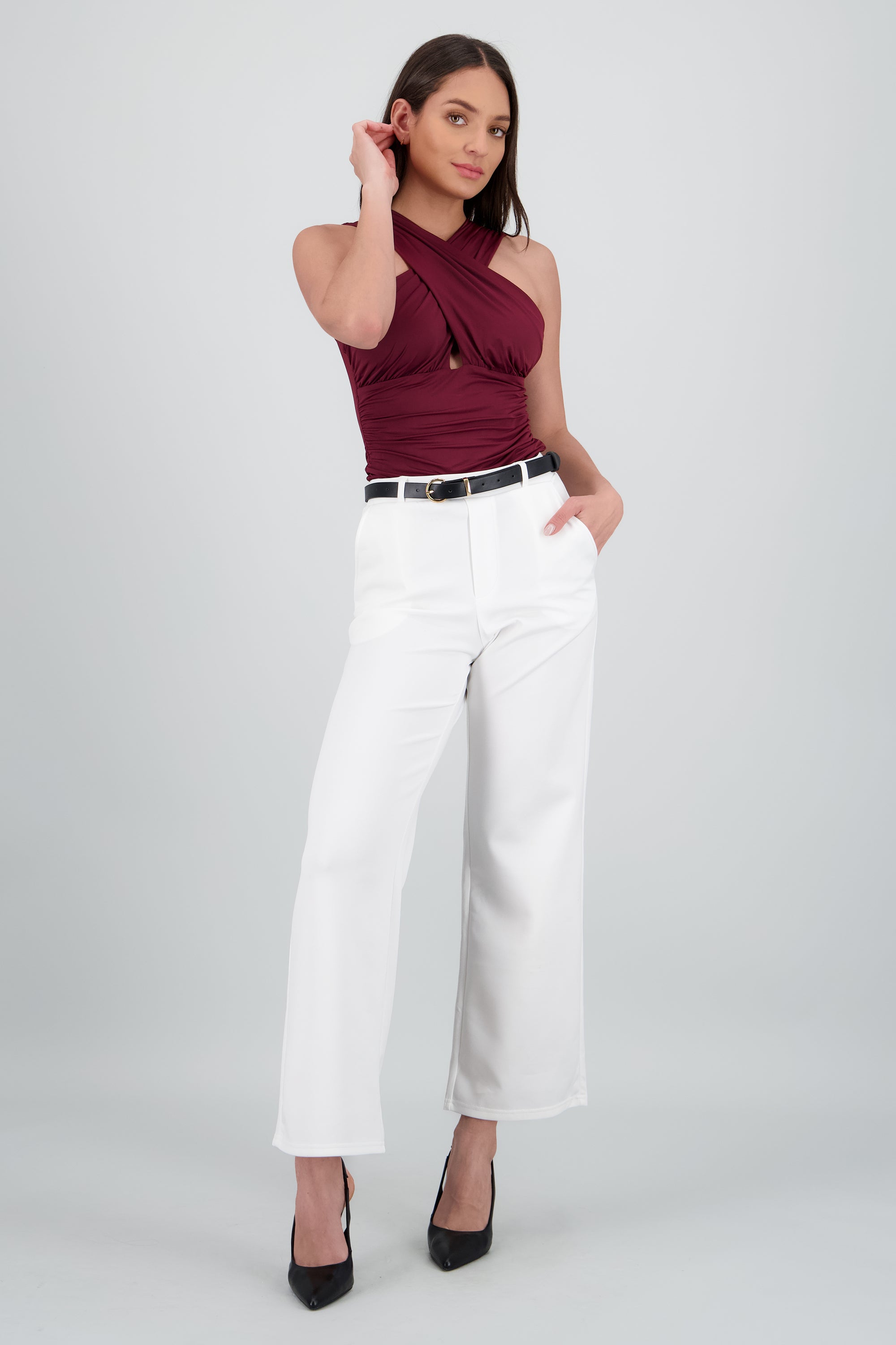 Pantalon estilo recto con cinturon BLANCO