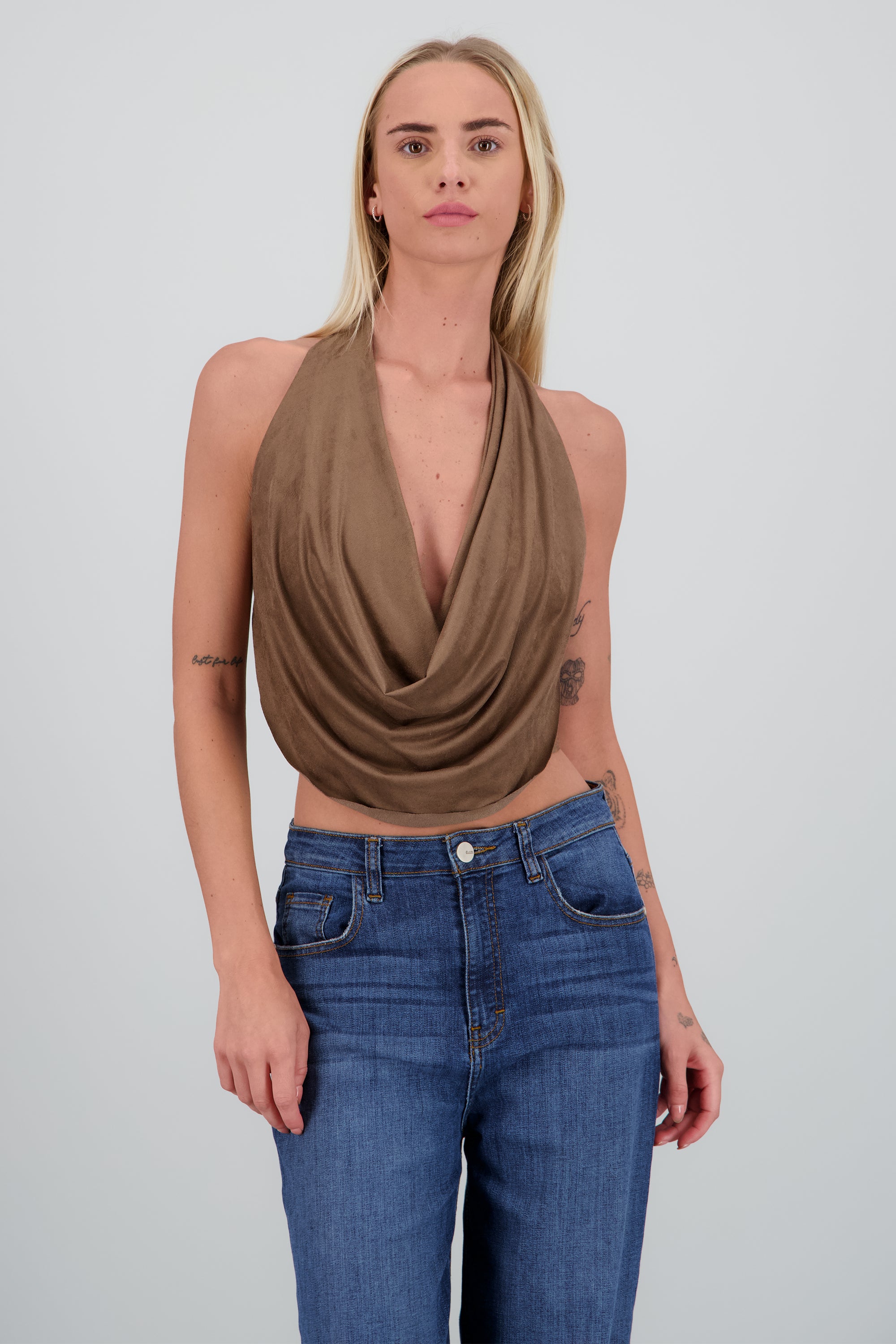 Top escote cascada suede CAFE