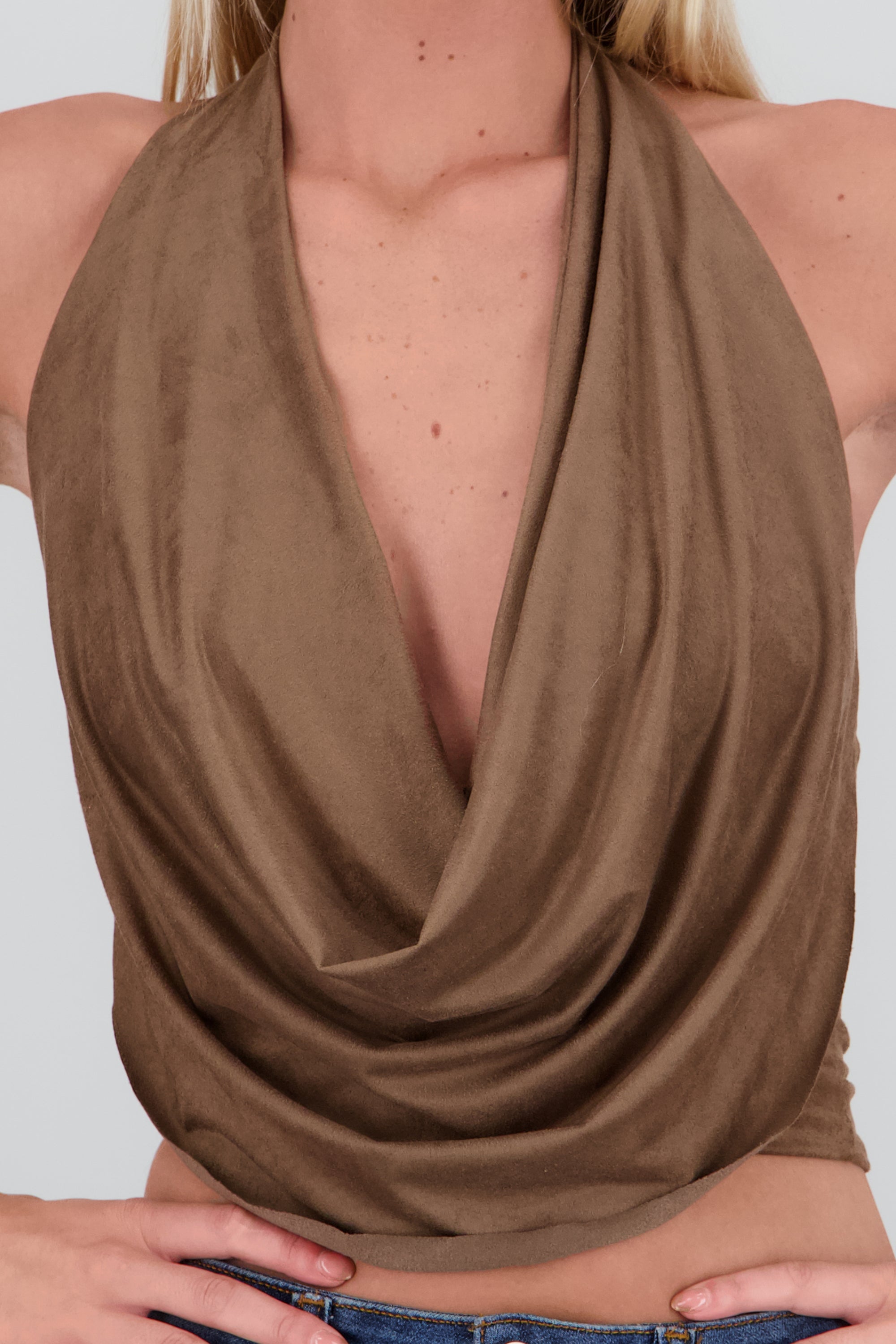 Top escote cascada suede CAFE