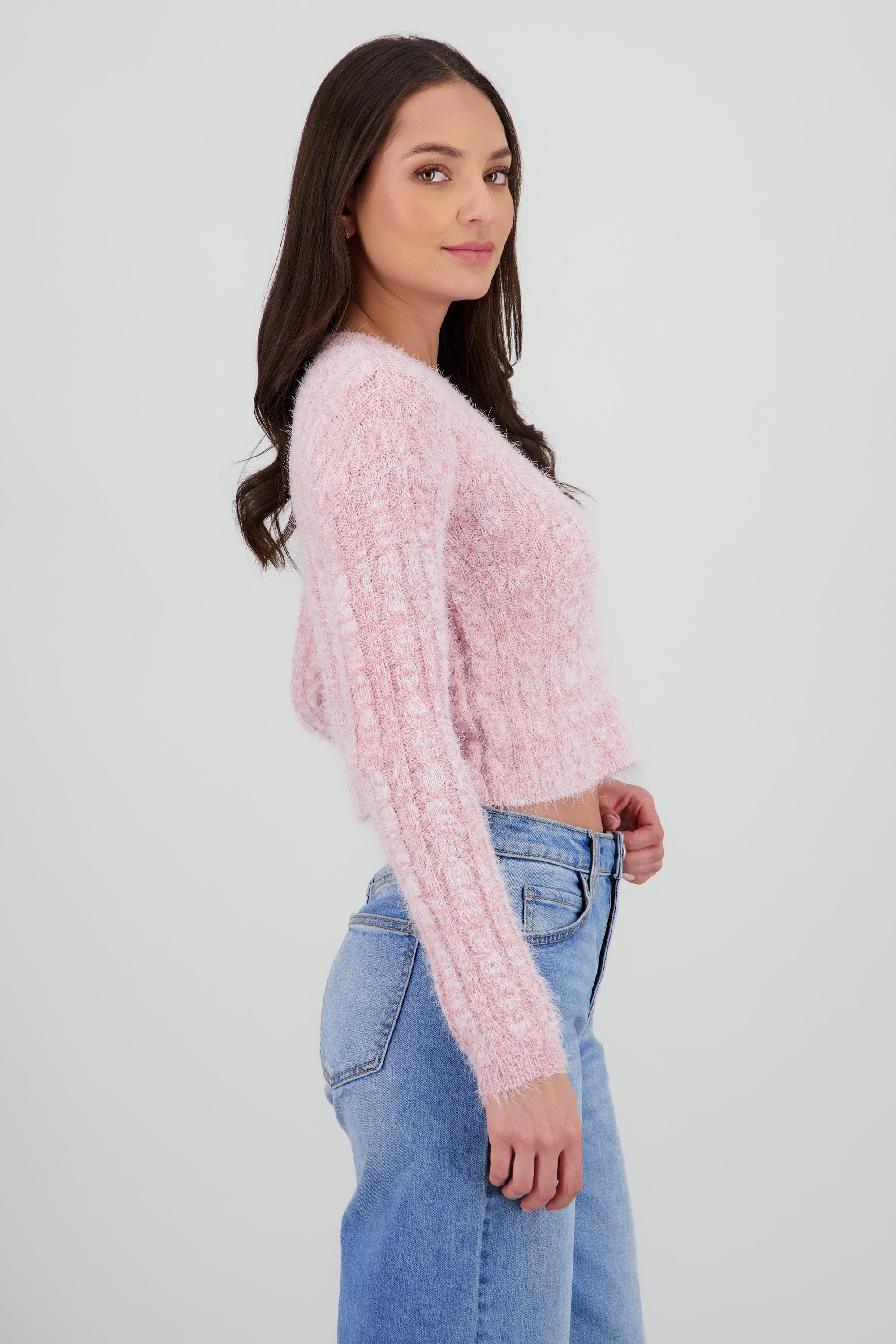 Sueter suave manga larga trenza ROSA PASTEL