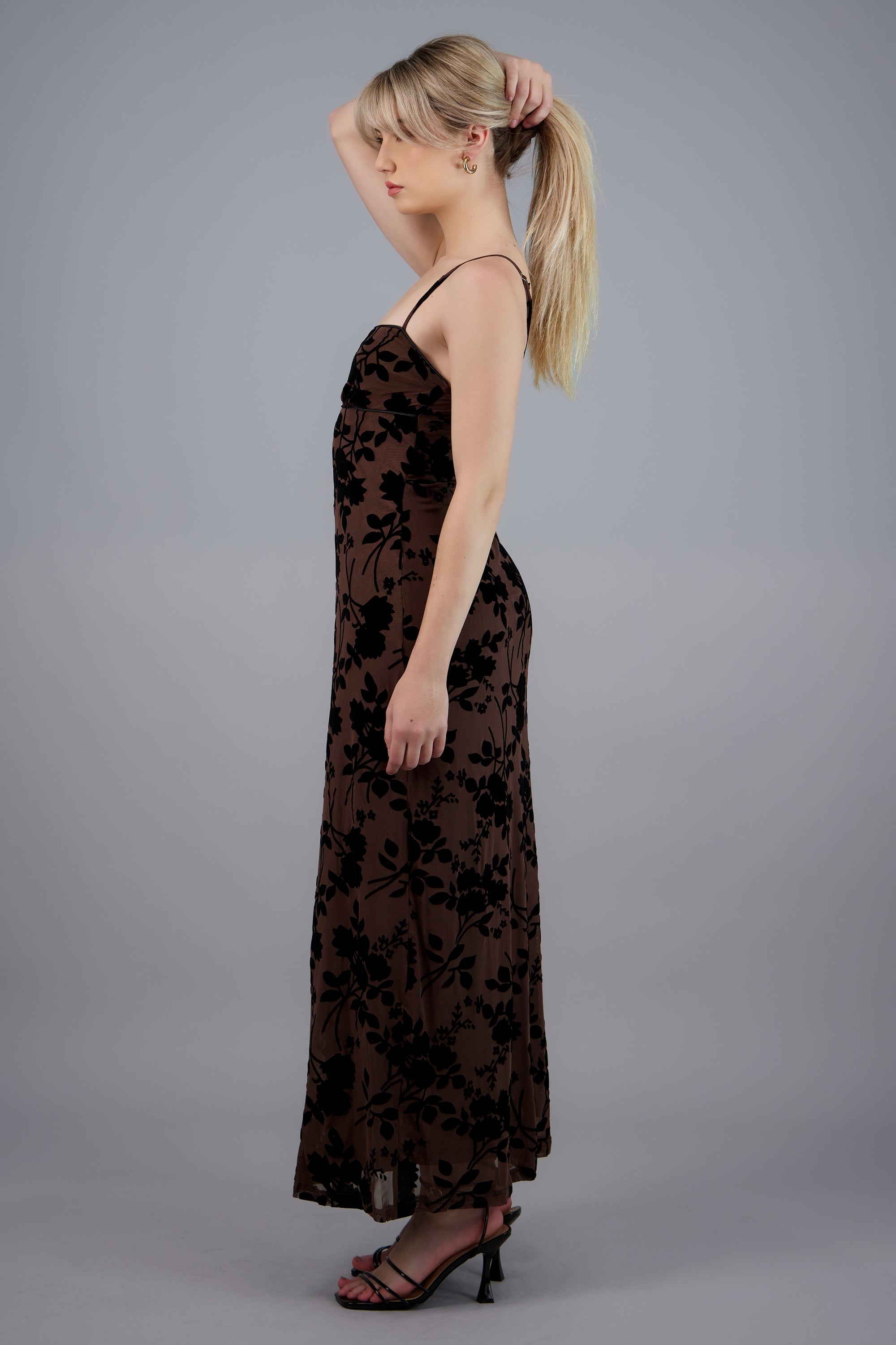 Vestido maxi mesh flok tirantes CHOCOLATE