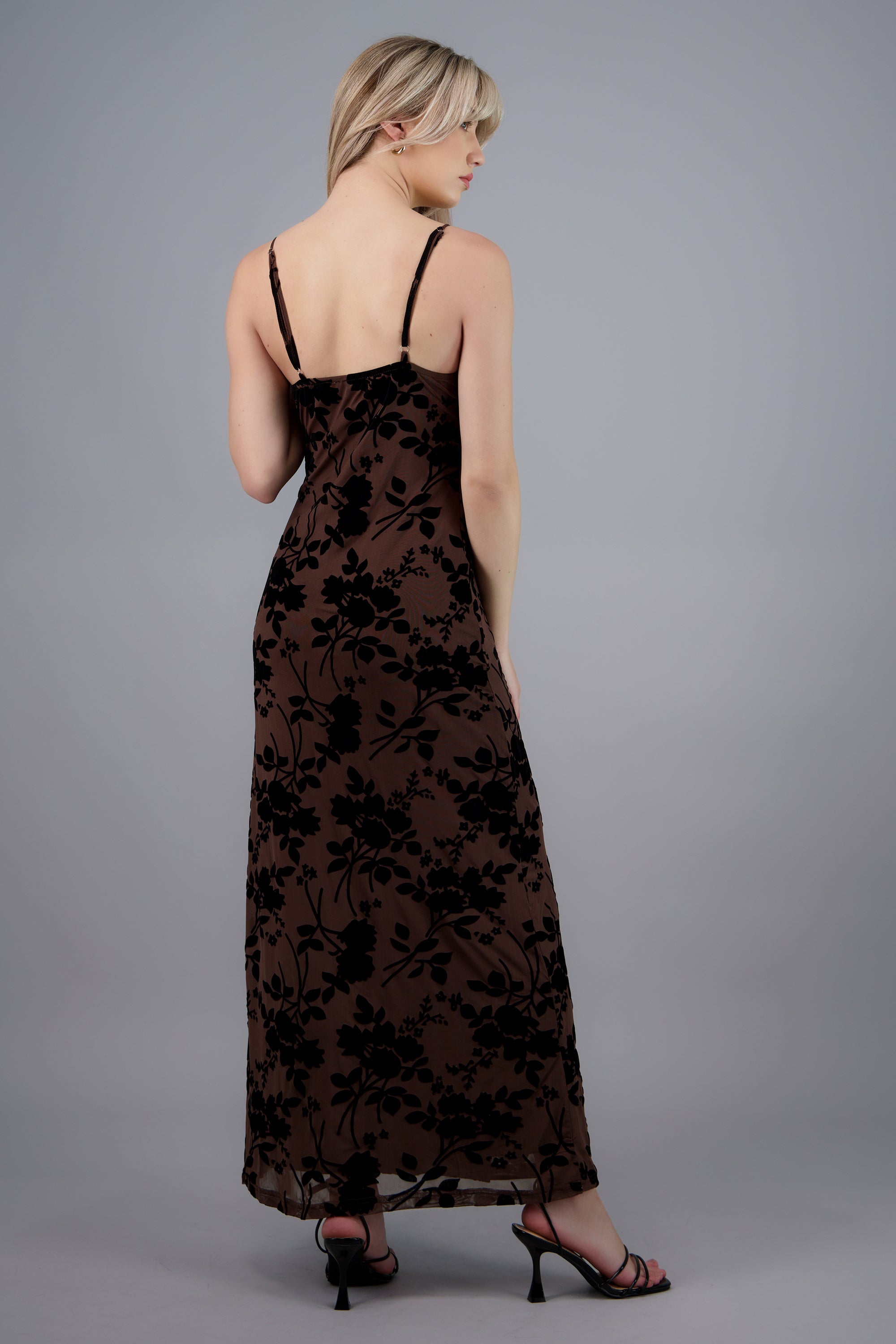 Vestido maxi mesh flok tirantes CHOCOLATE
