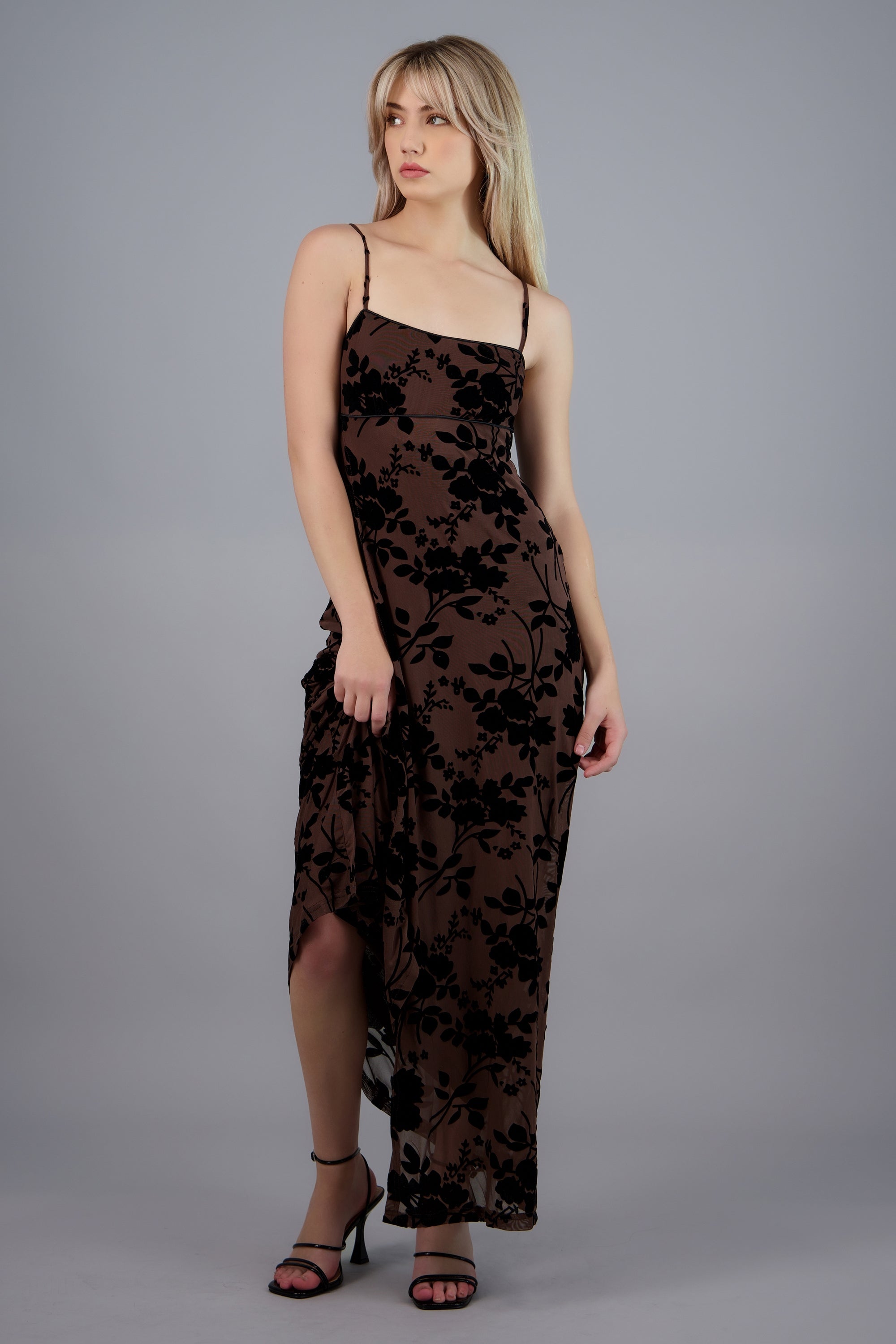Vestido maxi mesh flok tirantes CHOCOLATE