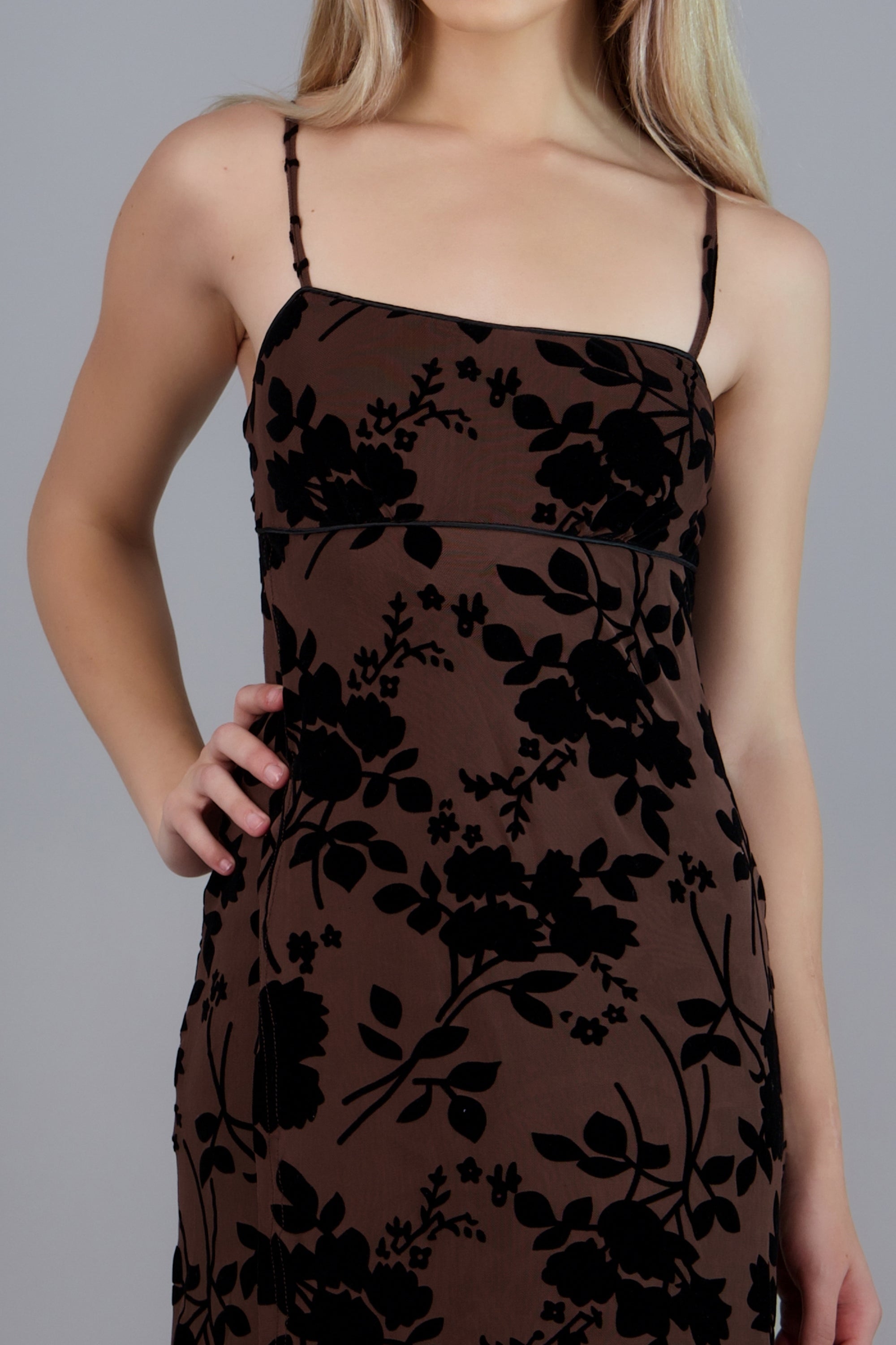 Vestido maxi mesh flok tirantes CHOCOLATE