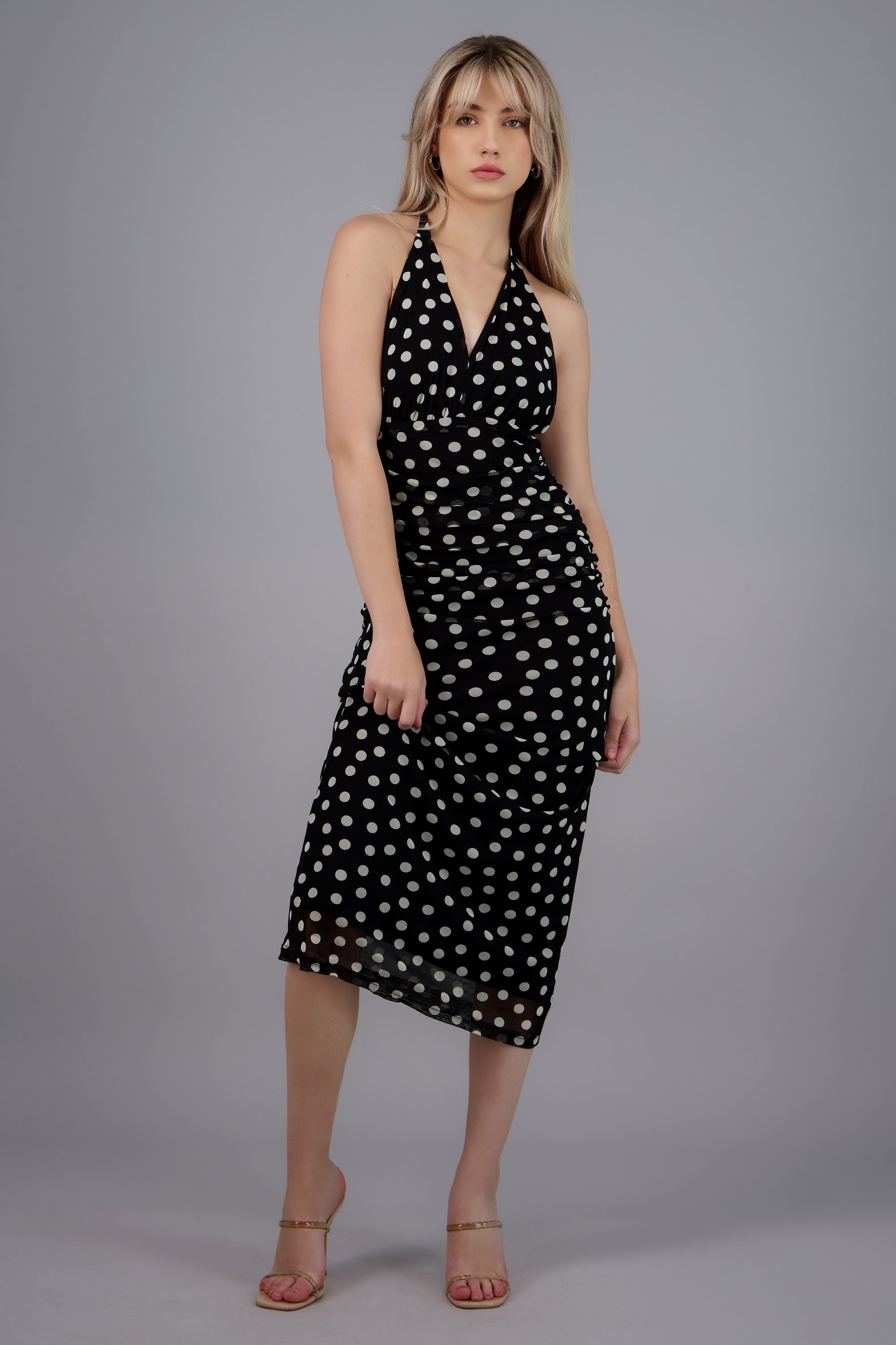 Vestido polka dots maxi tirantes drapeado NEGRO COMBO