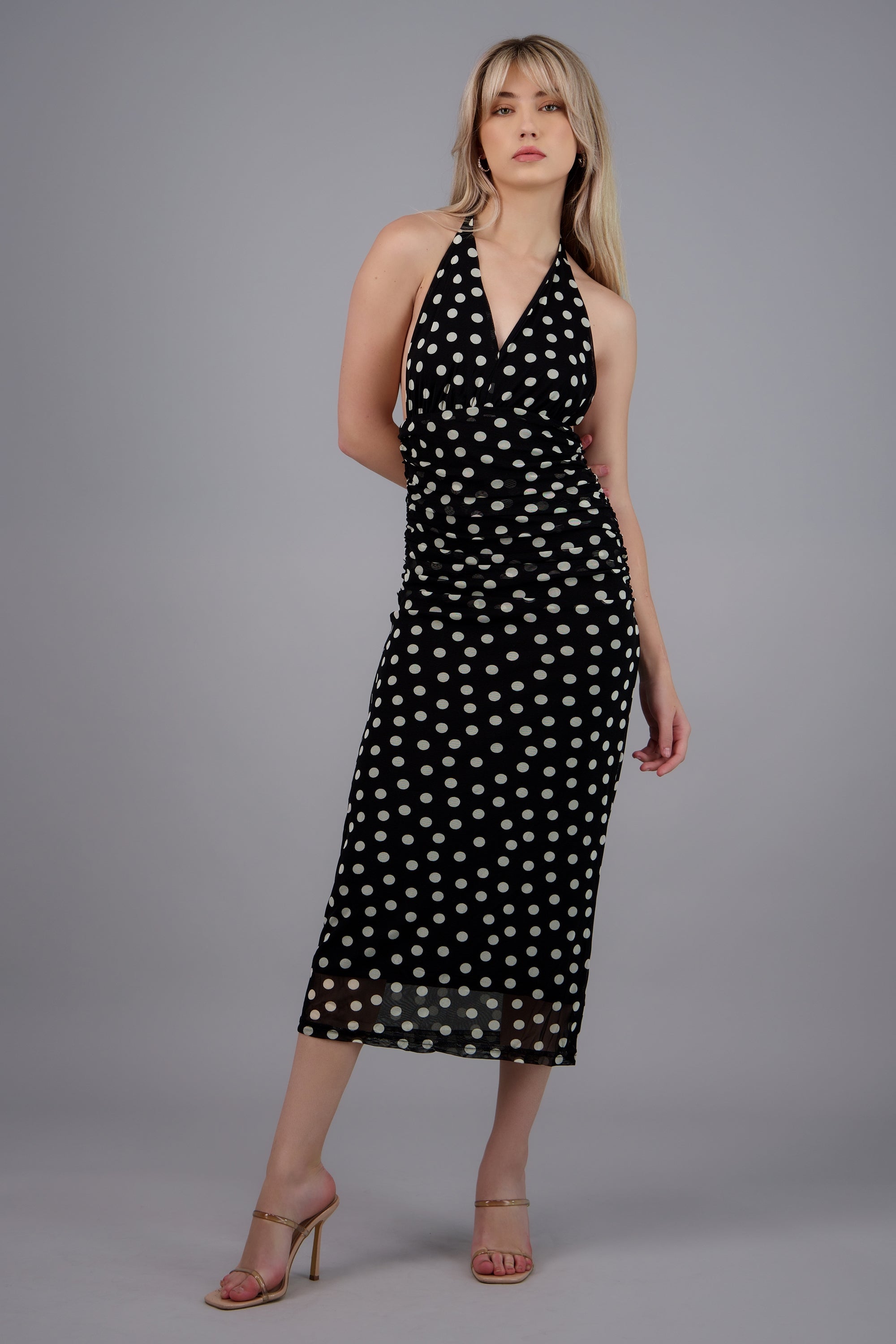 Vestido polka dots maxi tirantes drapeado NEGRO COMBO