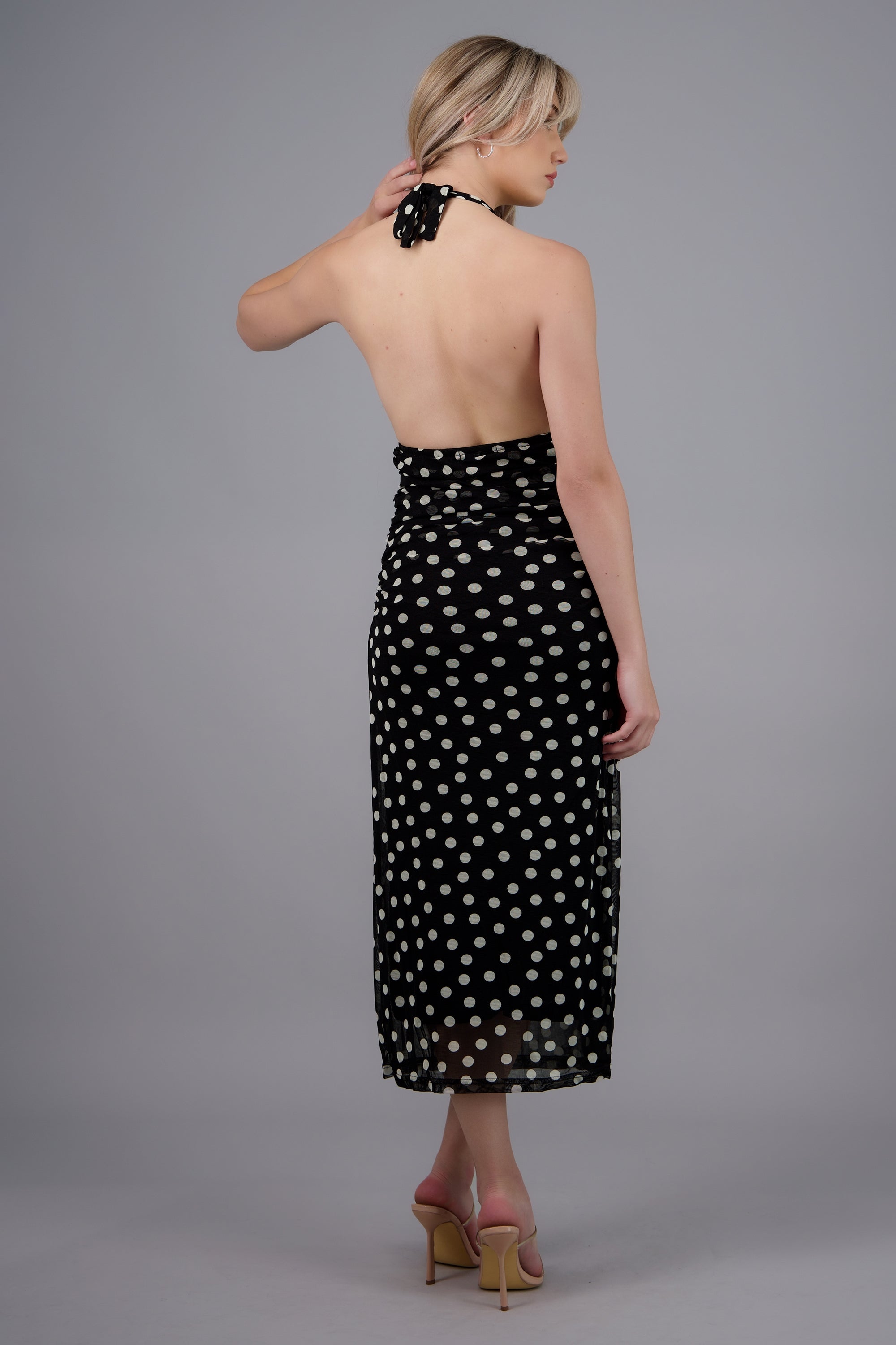 Vestido polka dots maxi tirantes drapeado NEGRO COMBO