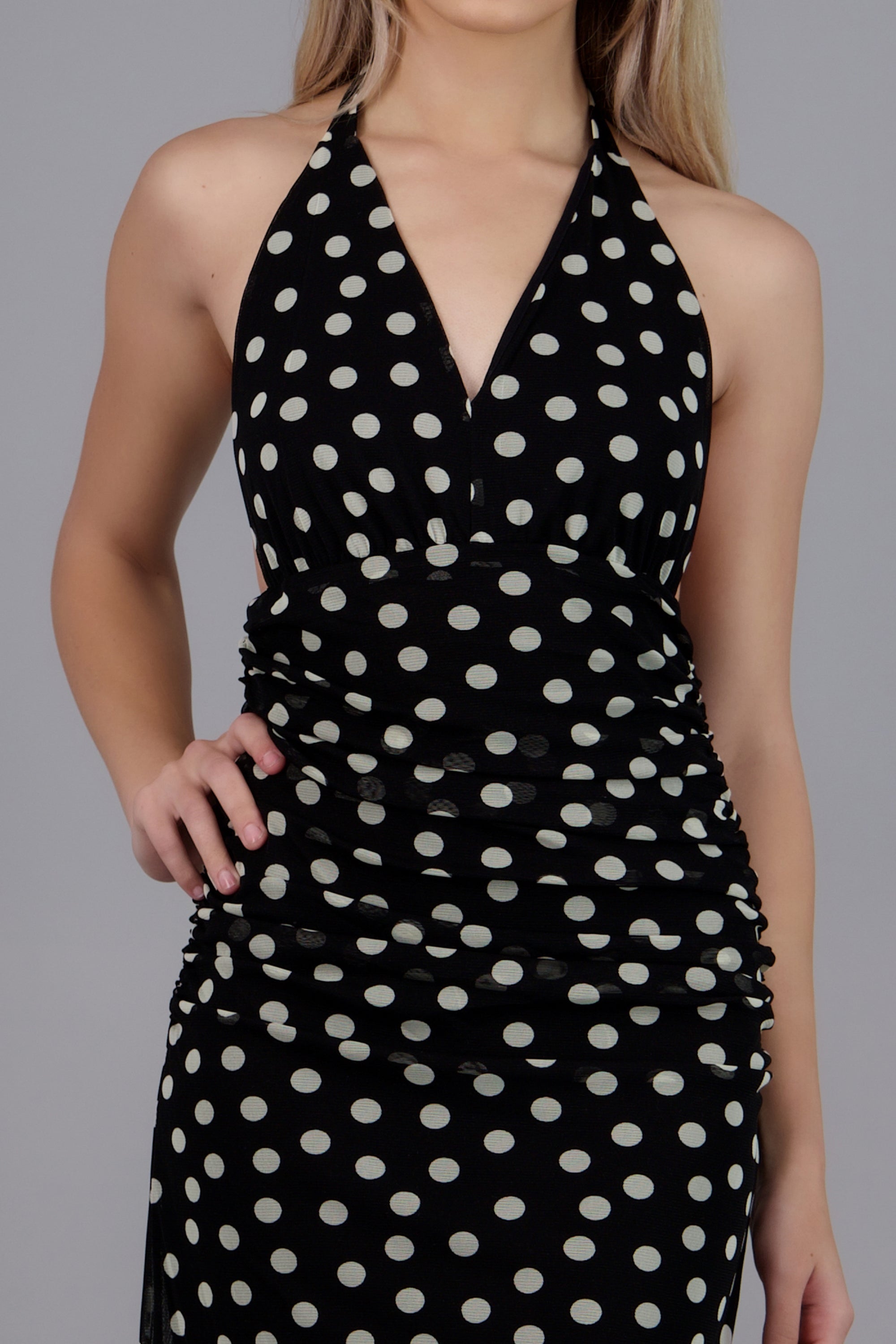 Vestido polka dots maxi tirantes drapeado NEGRO COMBO