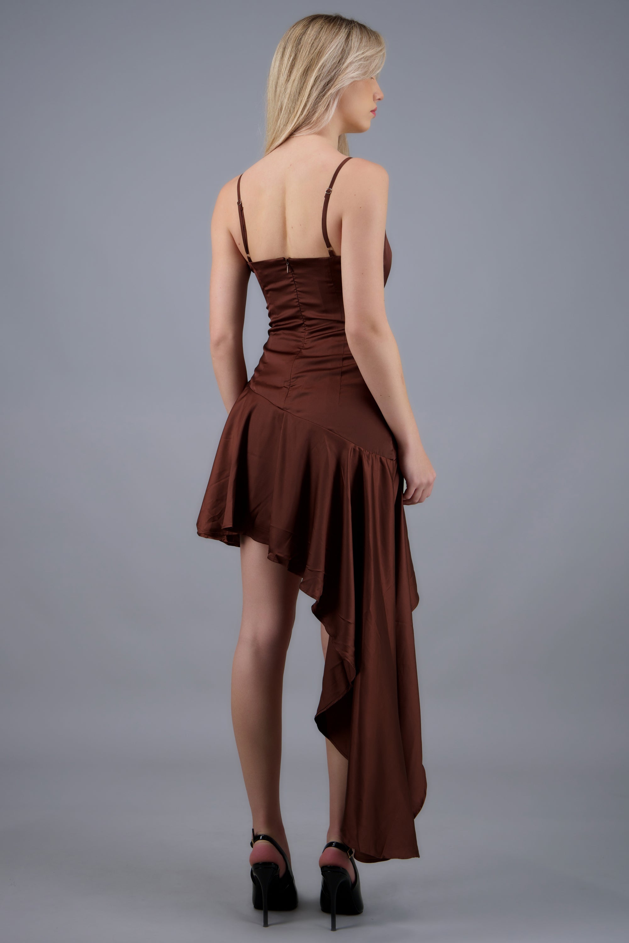 Vestido satin corte asimetrico CHOCOLATE