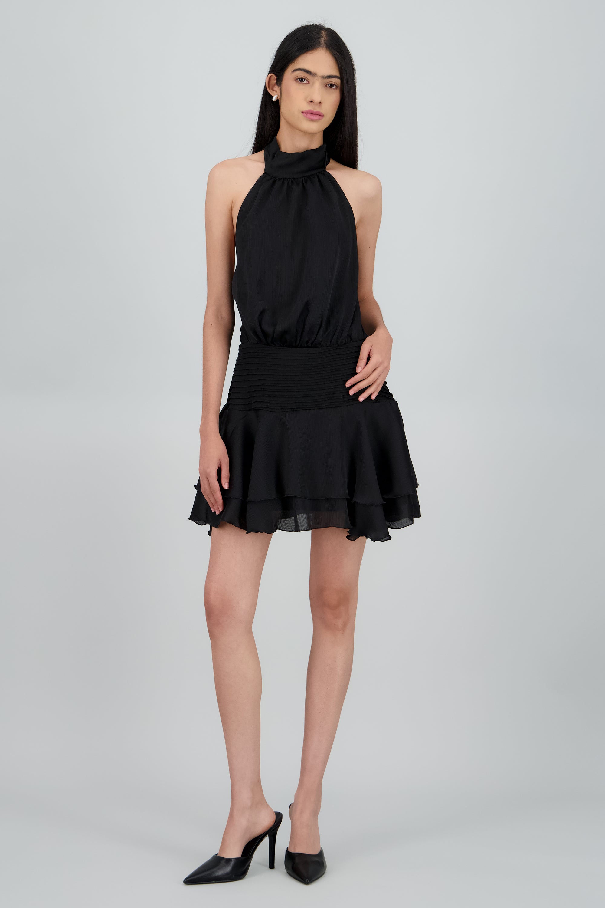 Vestido halter mini con amarre escote espalda NEGRO