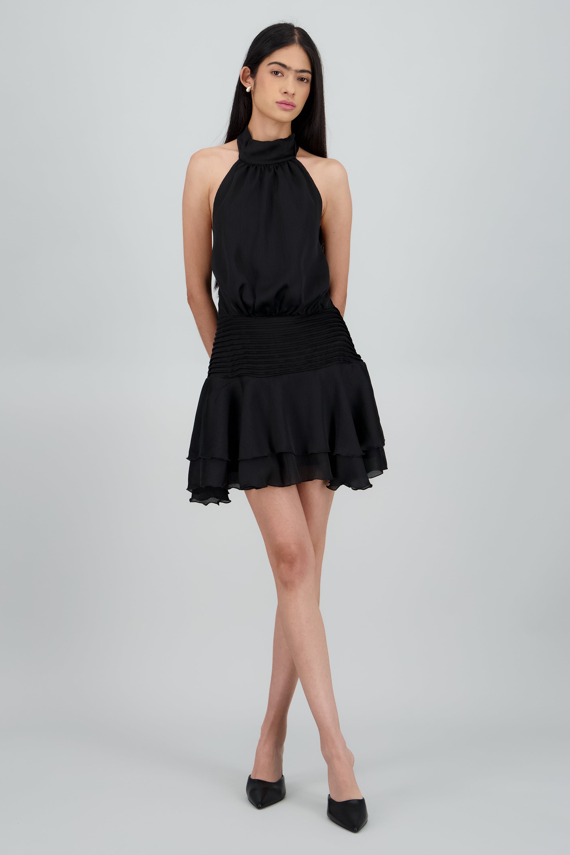 Vestido halter mini con amarre escote espalda NEGRO