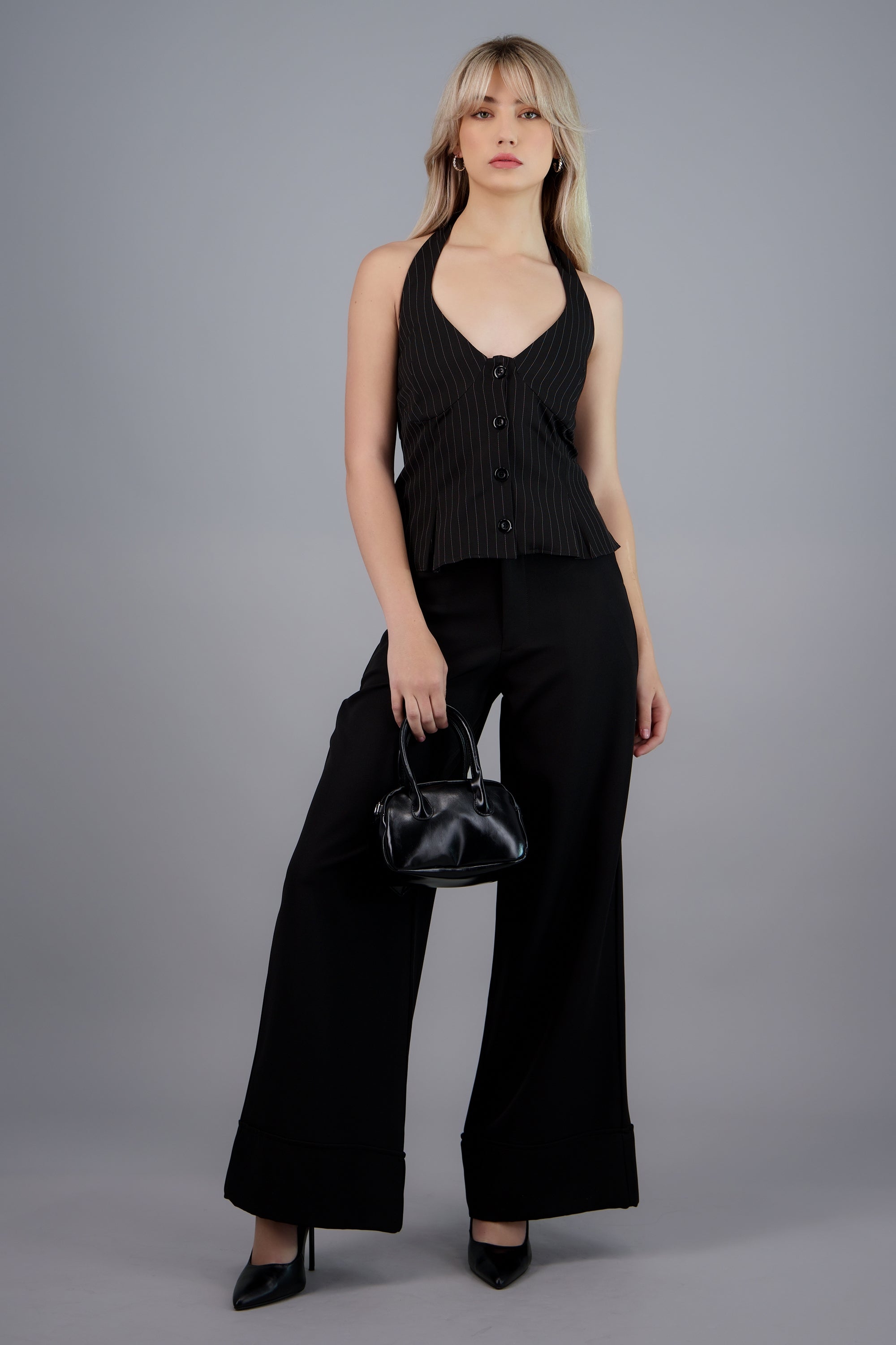 Top halter amarre estampado rayas NEGRO COMBO