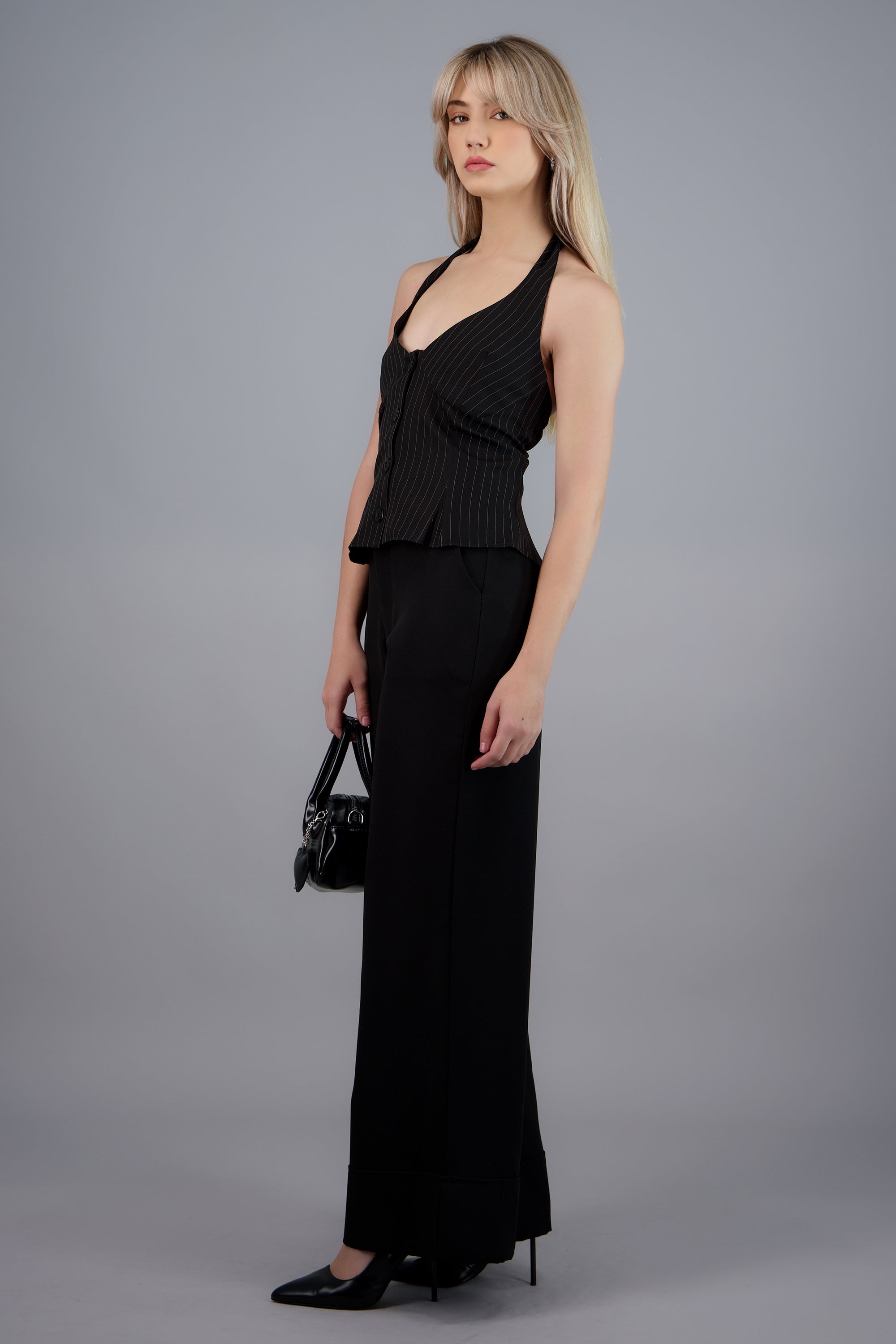 Top halter amarre estampado rayas NEGRO COMBO