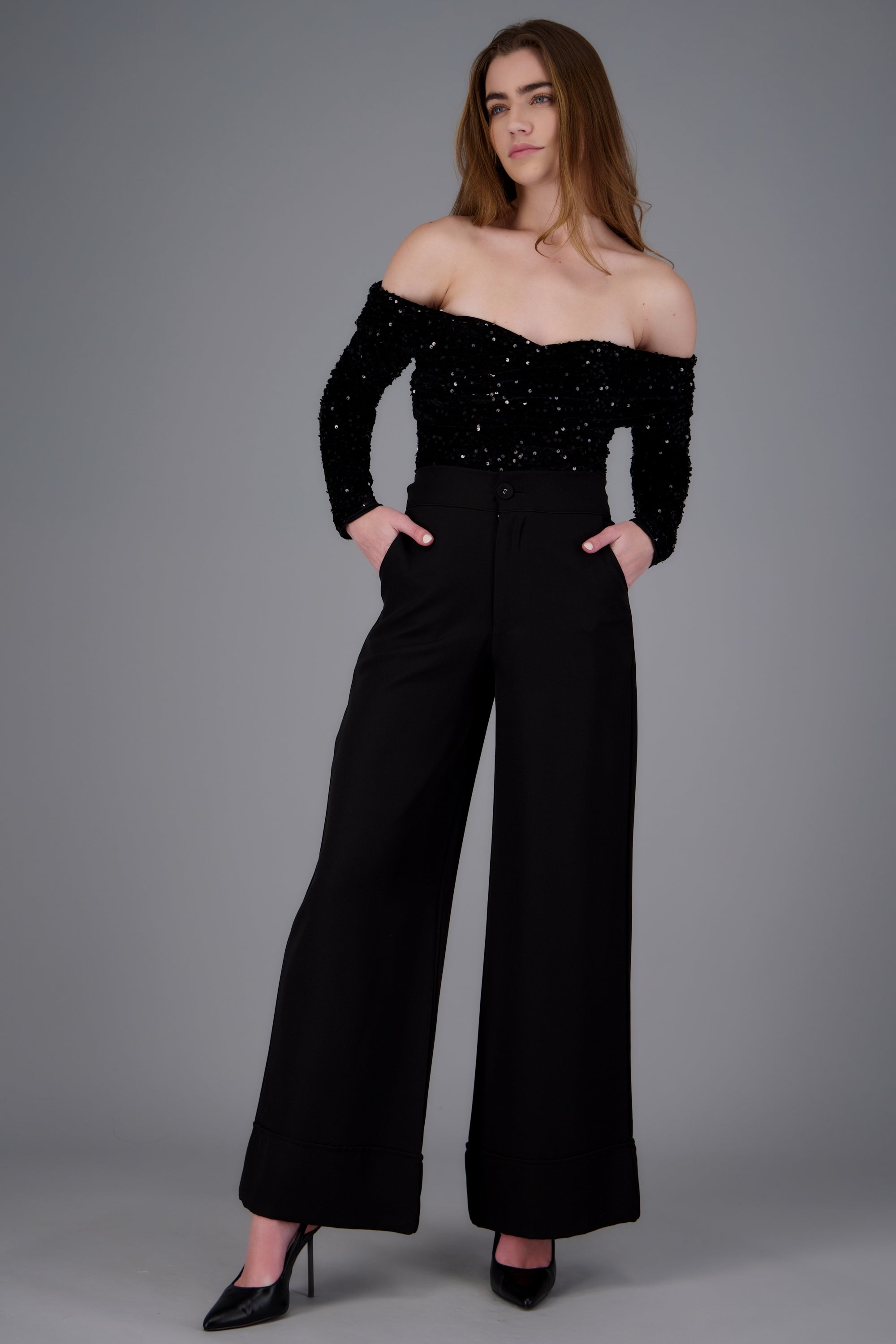 Body strapless manga larga lentejuela NEGRO