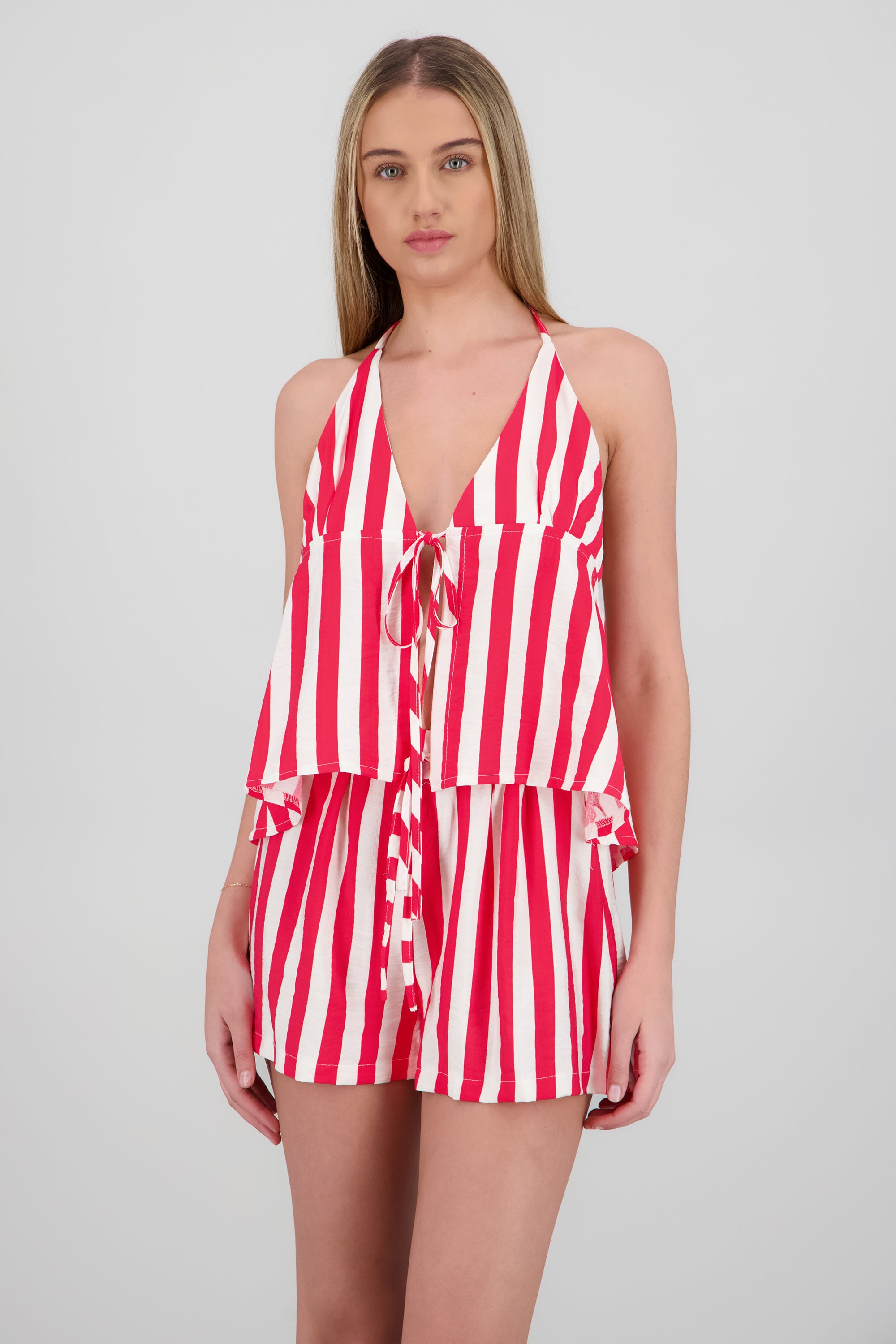 Top halter detalle moño rayas ROJO COMBO